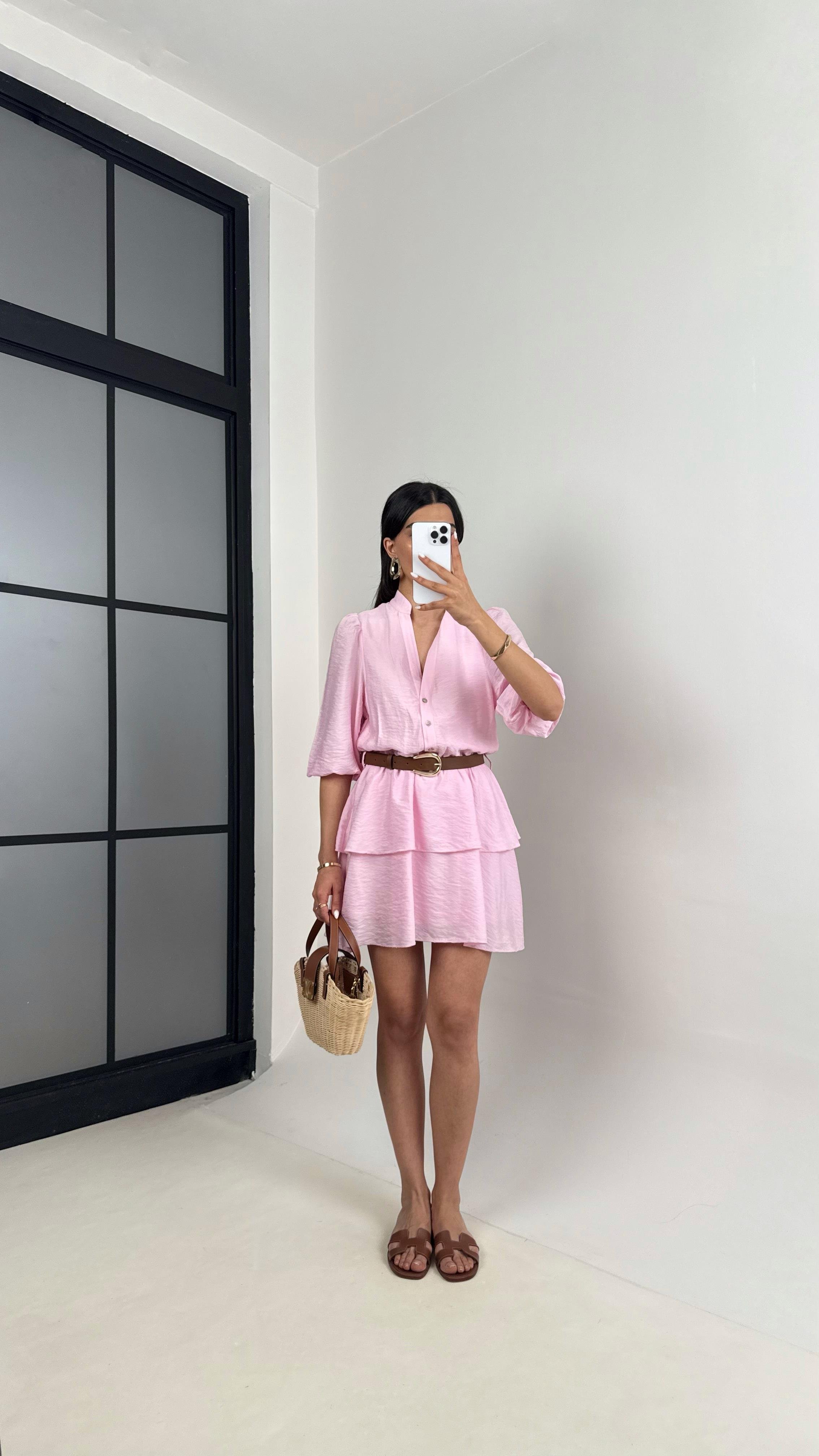 Pembe V Yaka Astarlı Kemerli Önü Düğmeli Tencel Elbise Gaus00450GausELBİSEGU1002049