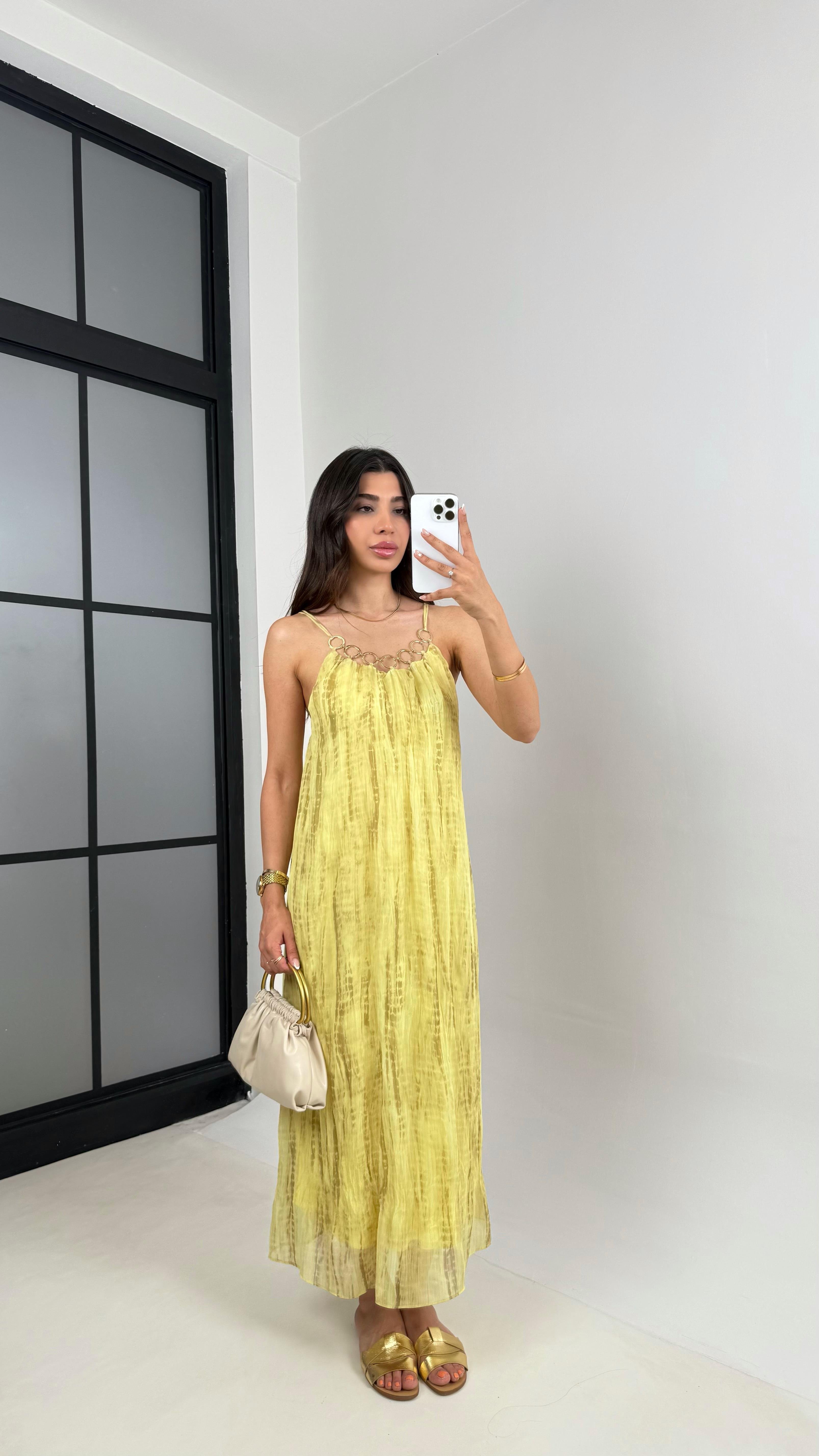 Sarı Askılı Gold Detaylı Astarlı Kırışık Kumaş Elbise Gaus00560GausELBİSEGU1002306