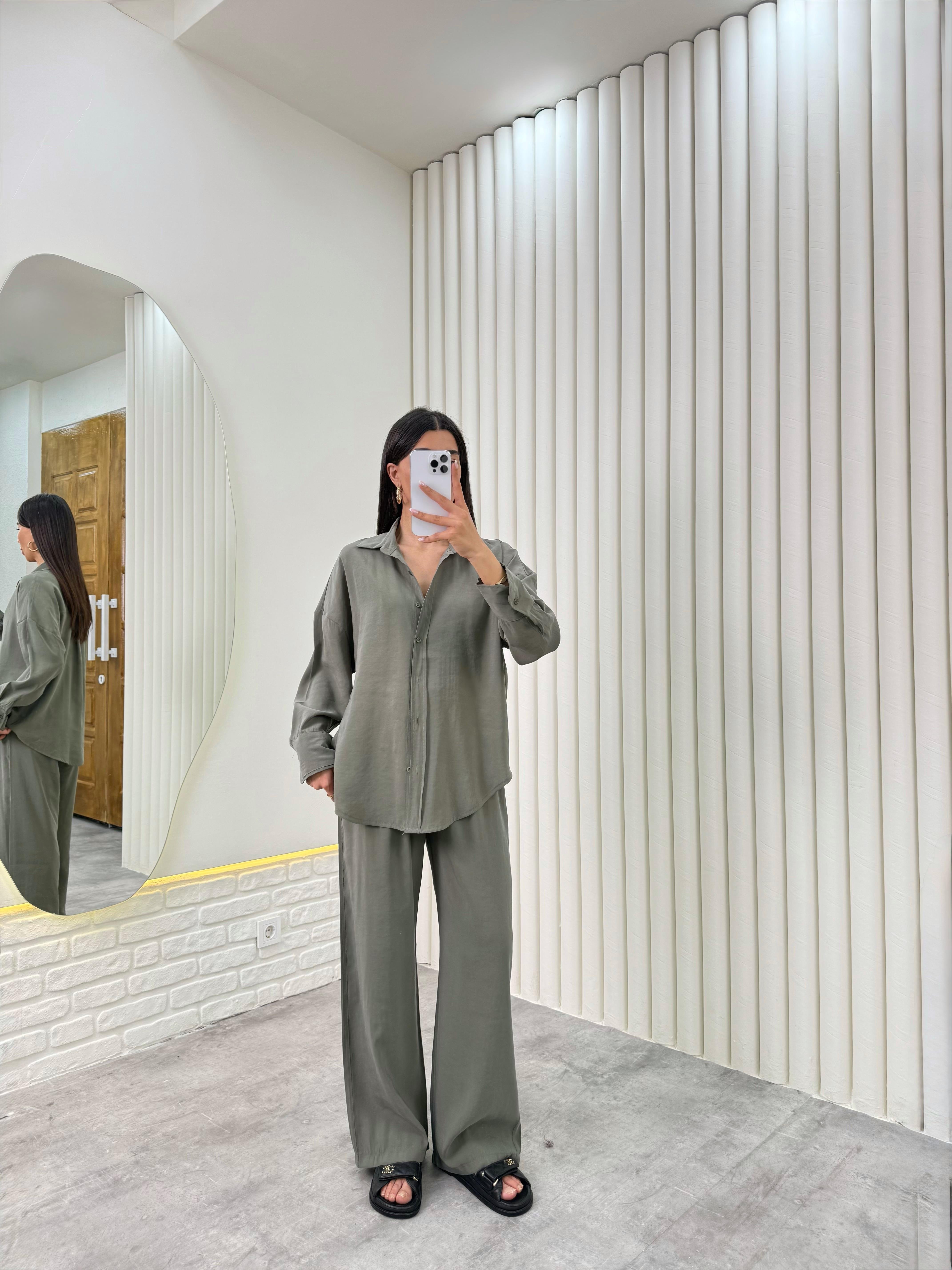 Haki Gömlek Beli Lastikli Pantolon Premium Tensel Takım Gaus00322GausTAKIMGU1001745