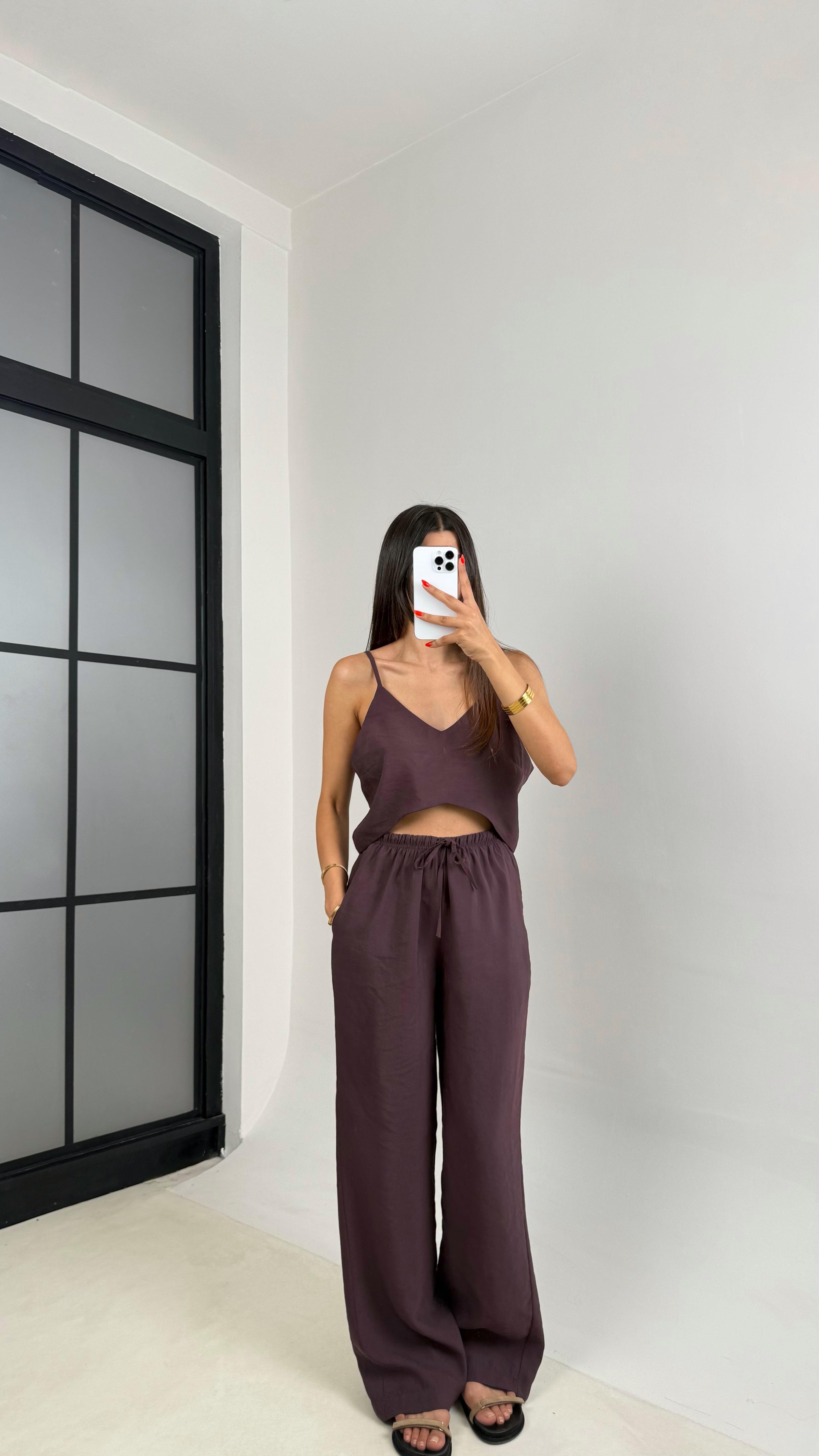 Mürdüm Ayarlanabilir Askılı Bluz Beli Lastikli Pantolon Tencel Takım GAUS-0015GAUSTAKIMGAUS-0015