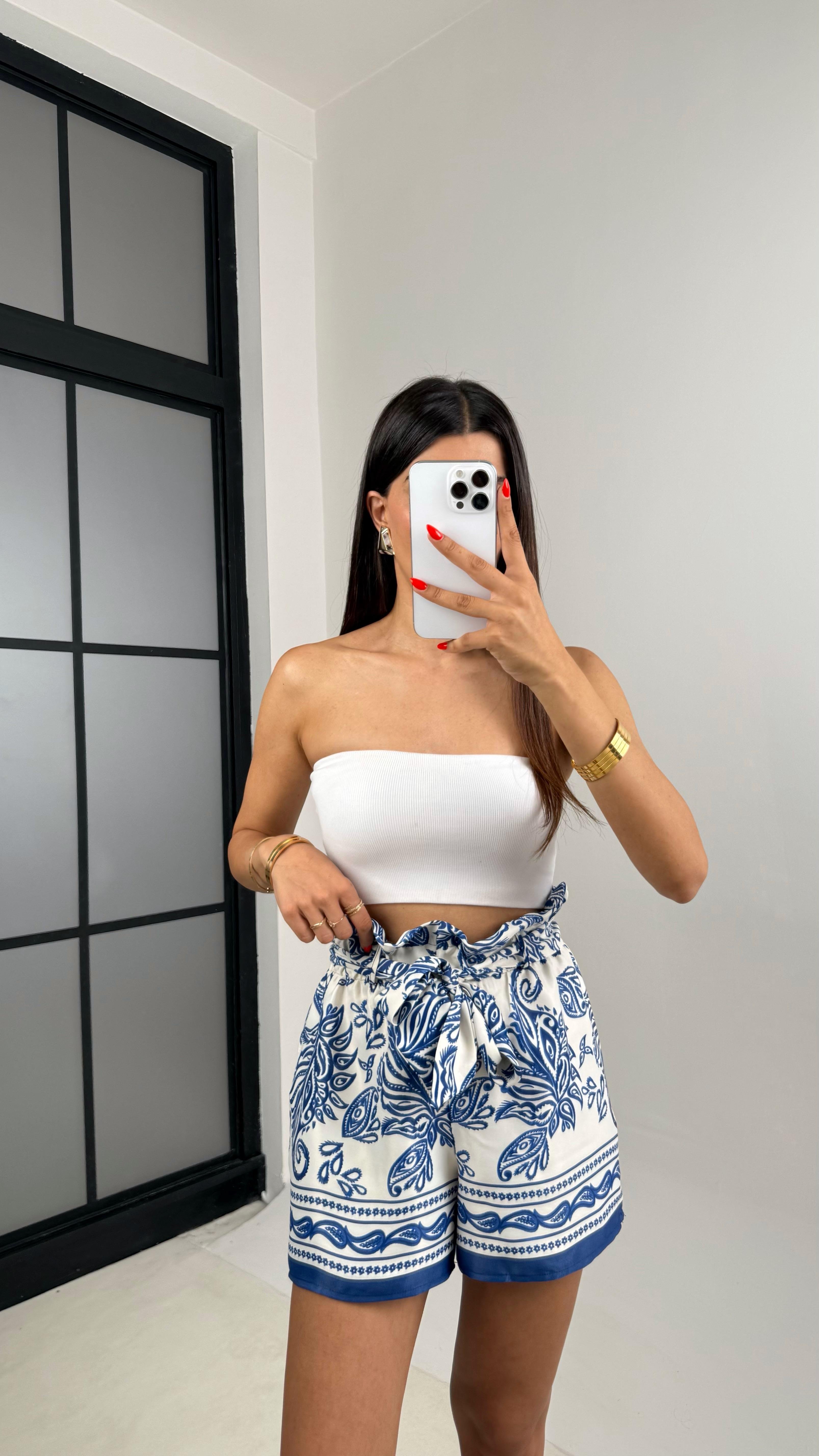 Mavi Etnik Desenli Kuşaklı Saten Şort GAUS-0021GAUSŞORTGAUS-0021