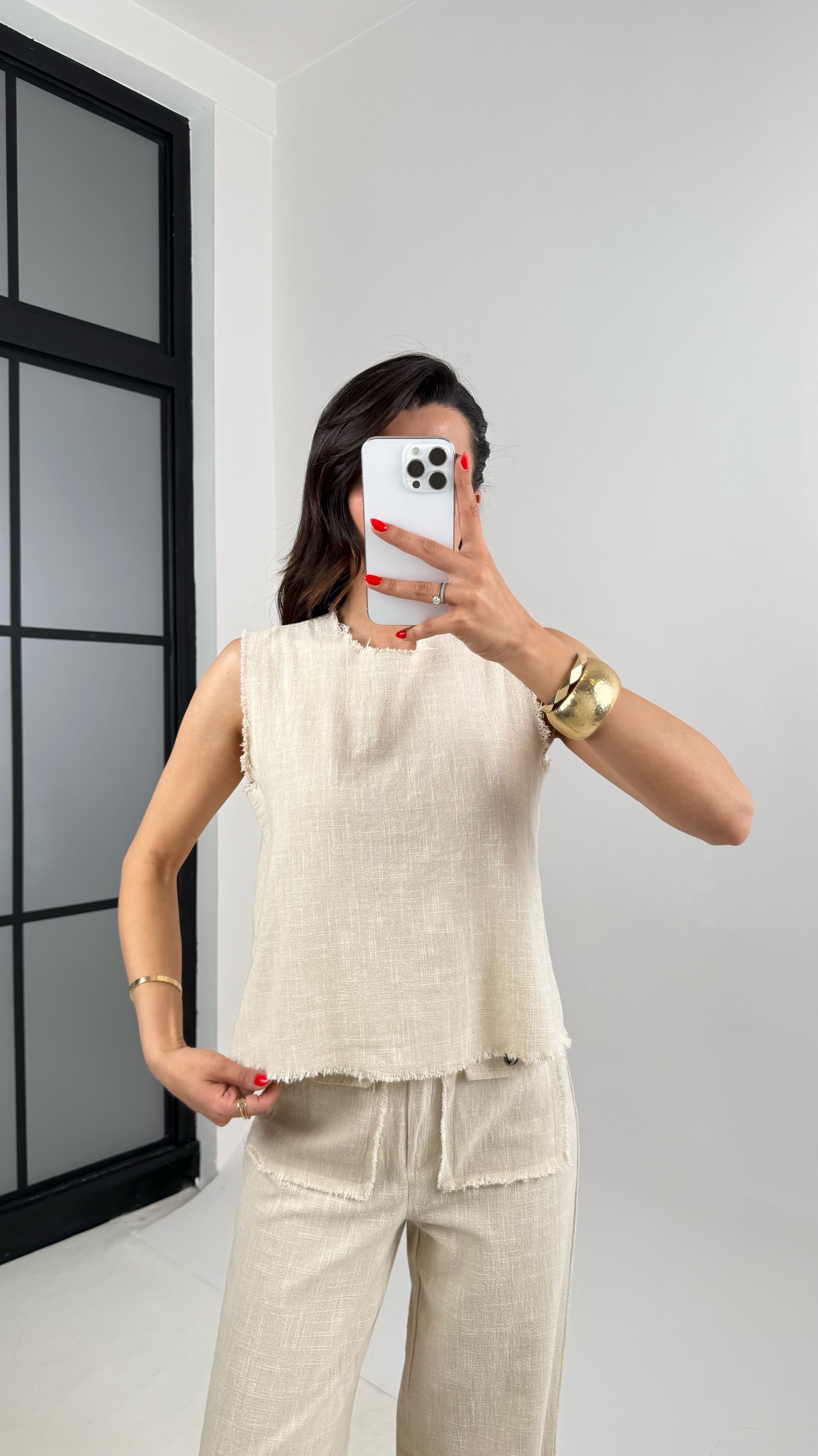 Taş Sıfır Kol Bluz Cep Detaylı Pantolon Keten Takım Gaus00458 GausTAKIMGU1002067