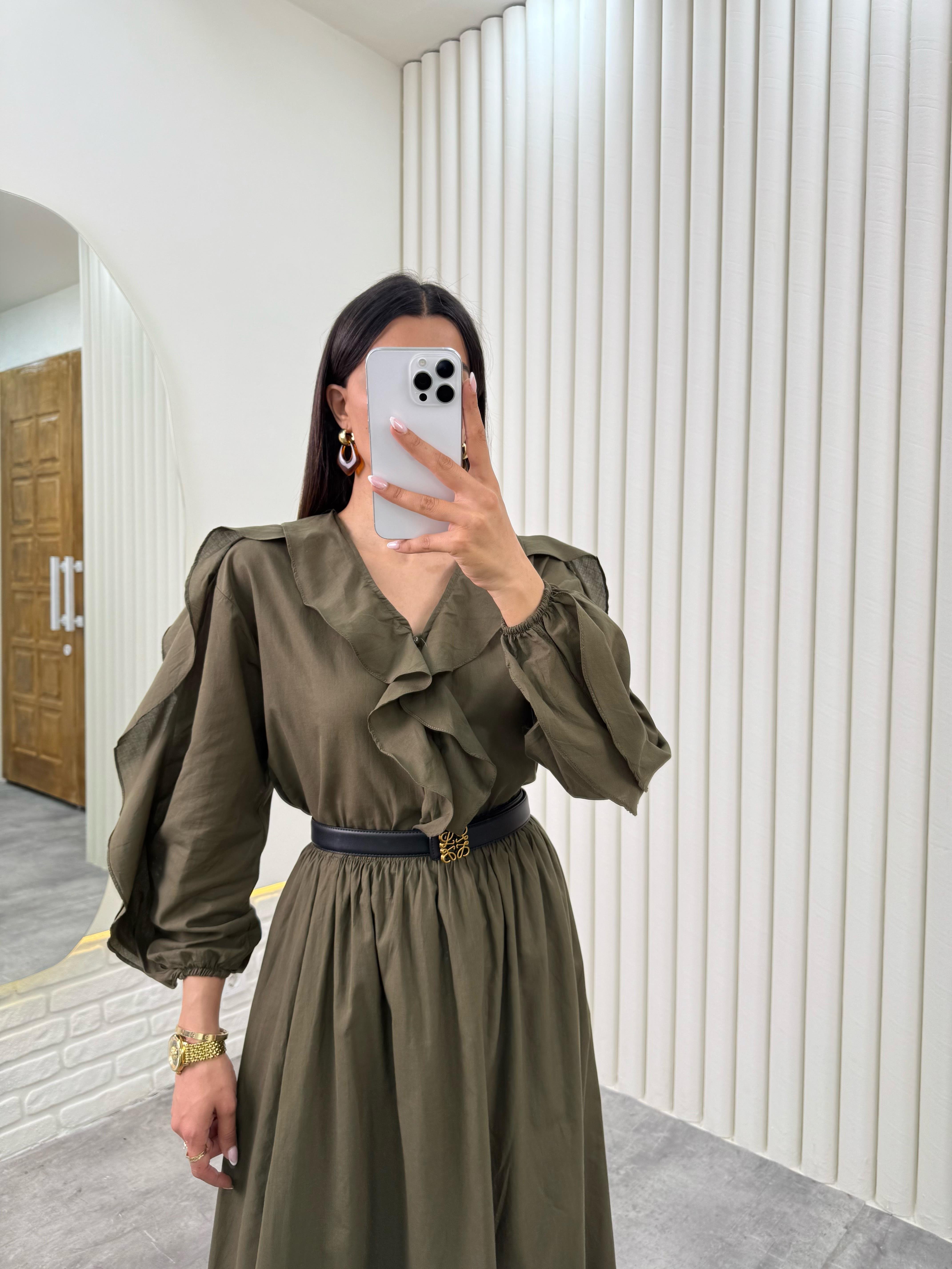 Haki Önü Düğmeli Fırfırlı Üst Beli Lastikli Astarlı Etek Vual İkili Takım Gaus00321GausTAKIMGU1001740