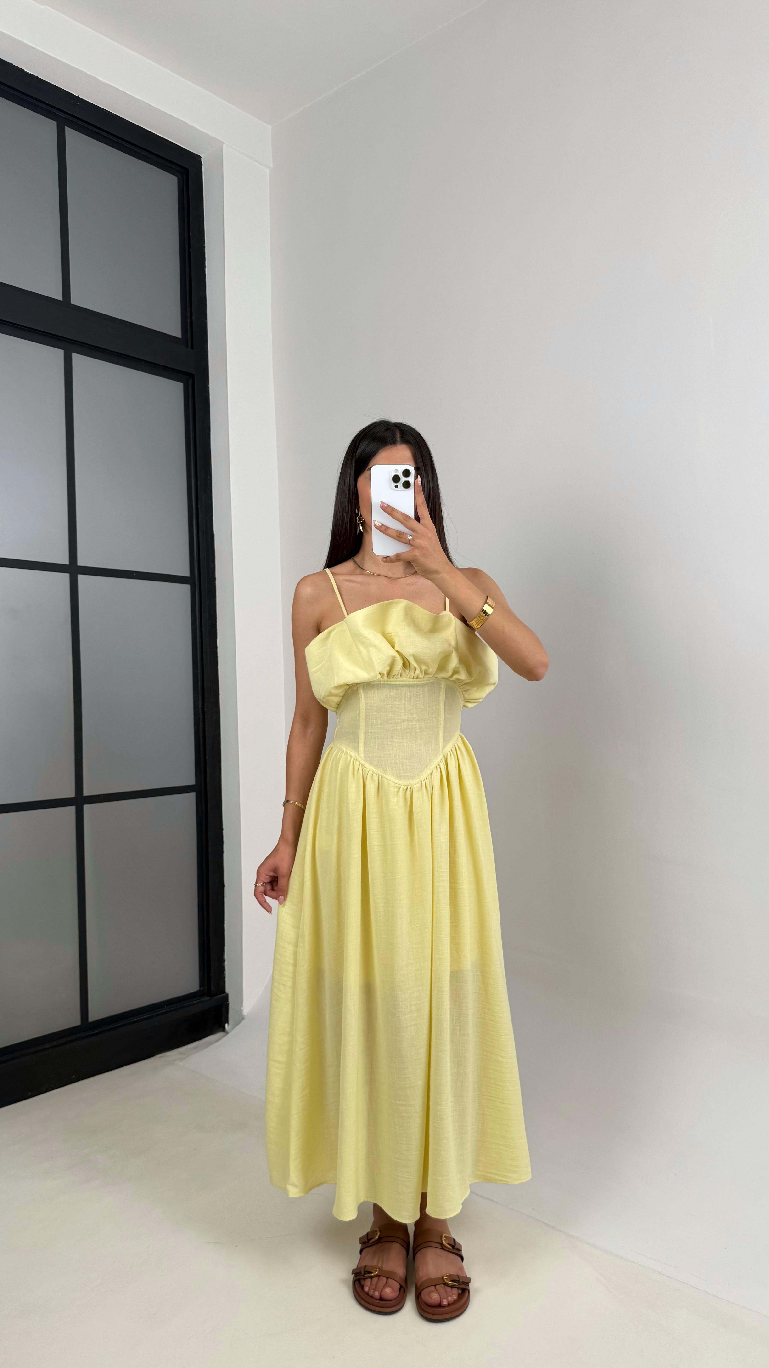 Sarı Ayarlanabilir Askılı Korse Detaylı Astarlı Keten Elbise Gaus00640GausELBİSEGU1002489