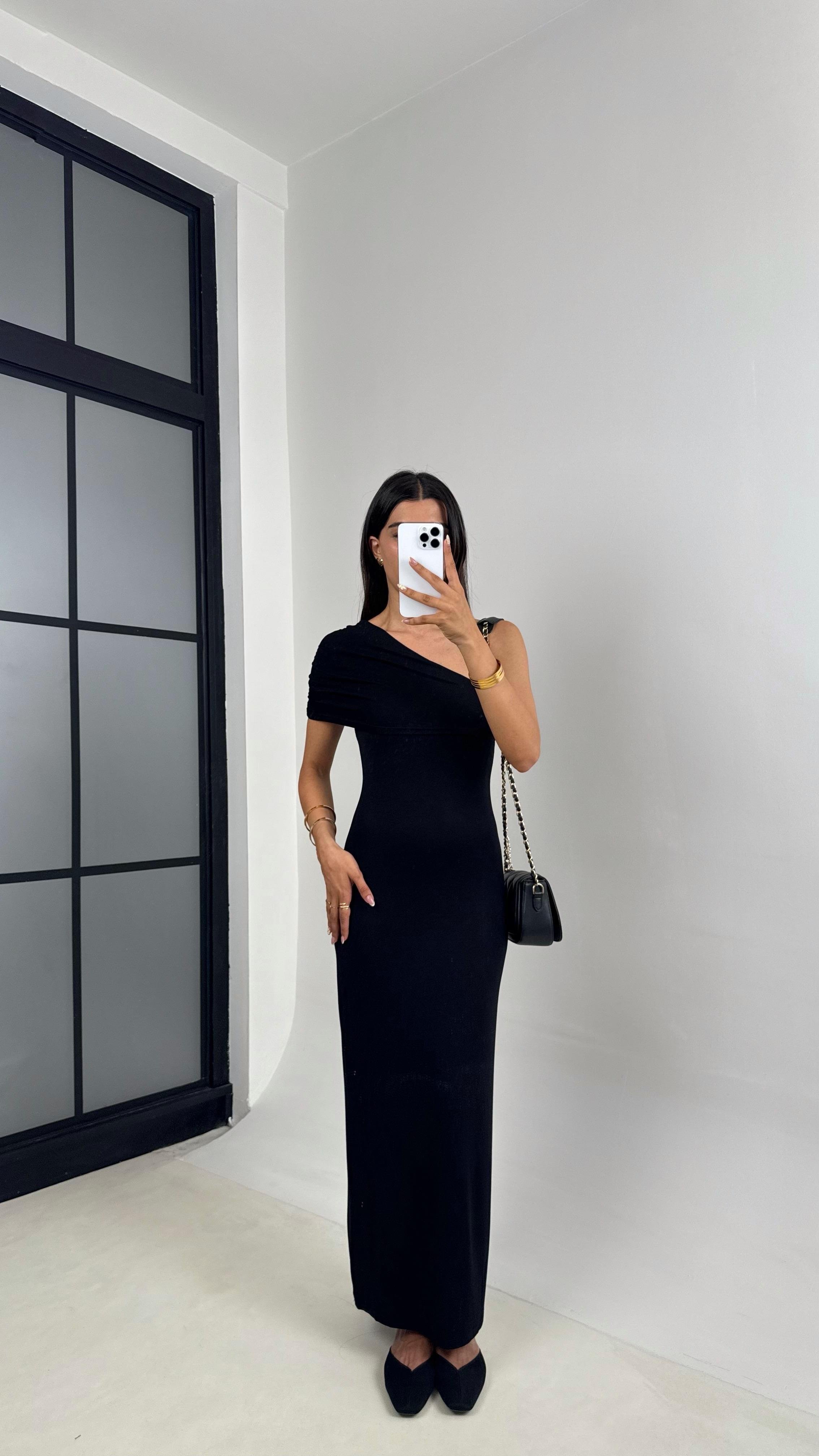 Siyah Tek Omuz Maxi Boy Elbise Gaus00685GausELBİSEGU1002581