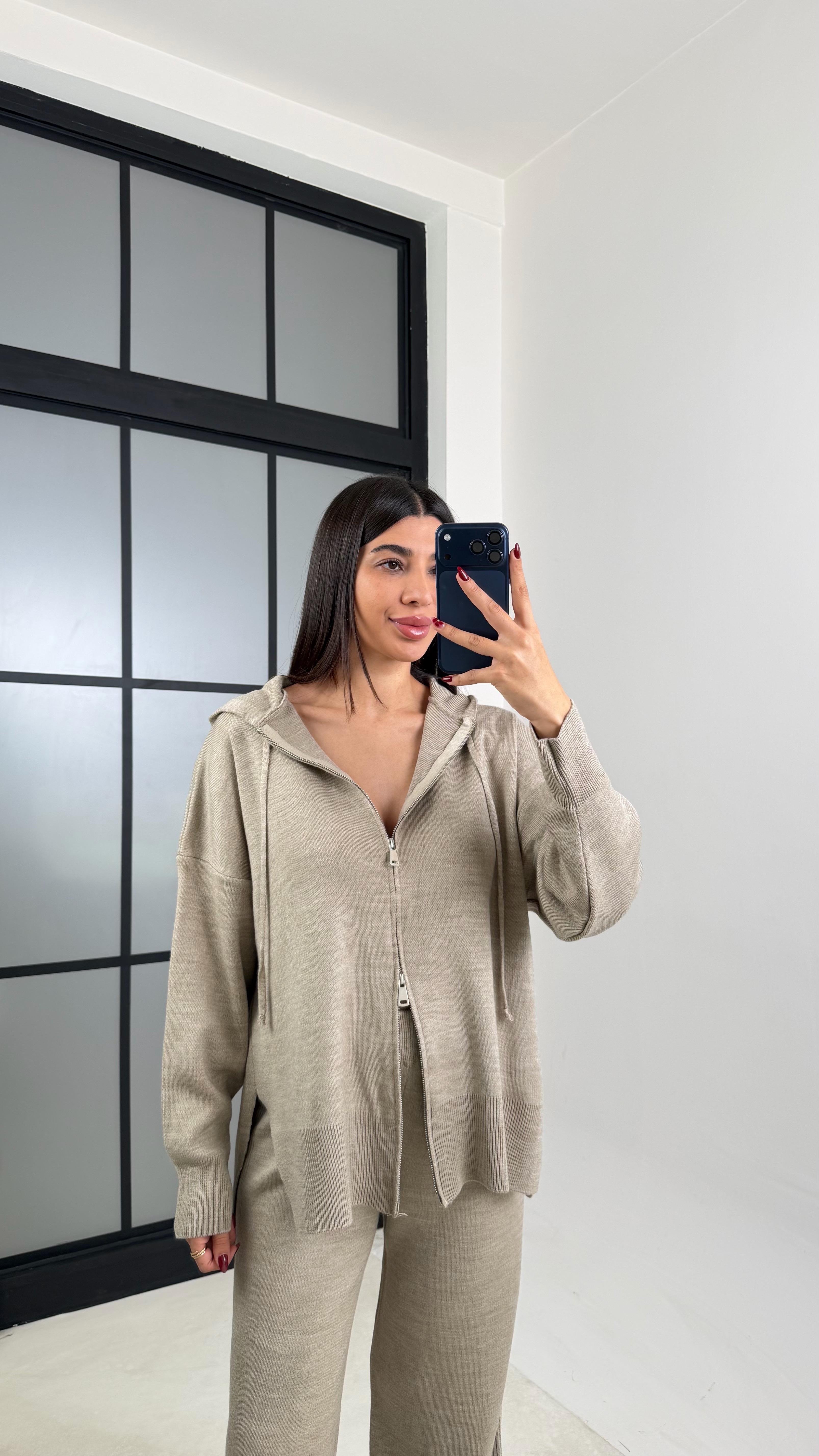 Vizon Çift Fermuarlı Kapüşonlu Hırka Beli Lastikli Pantolon İkili Triko Takım GAUS-00676GAUSTAKIMGAUS-00676