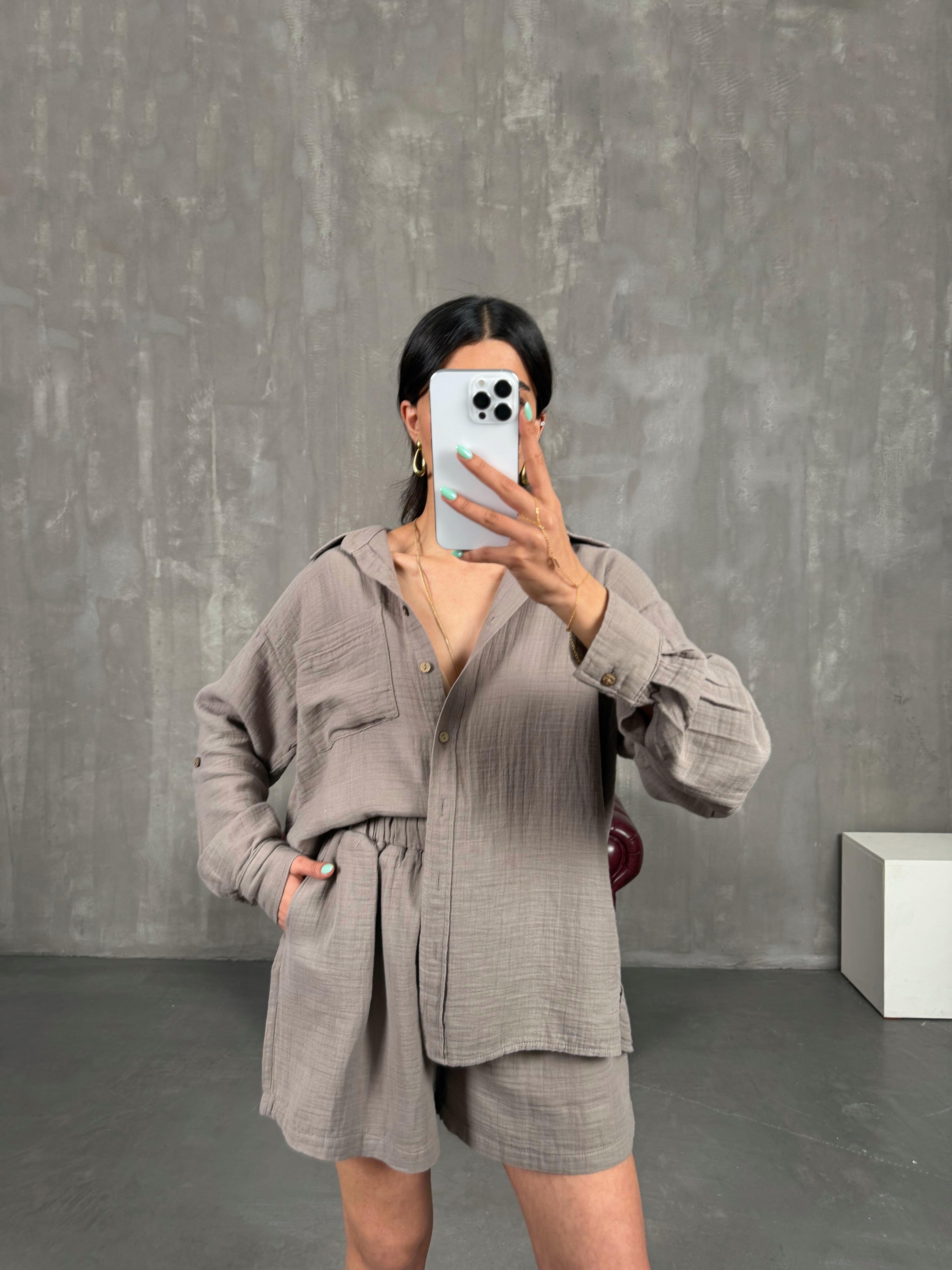 Vizon Cepli Gömlek Beli Lastikli Şort Takım Gaus00226GausTAKIMGU1001525