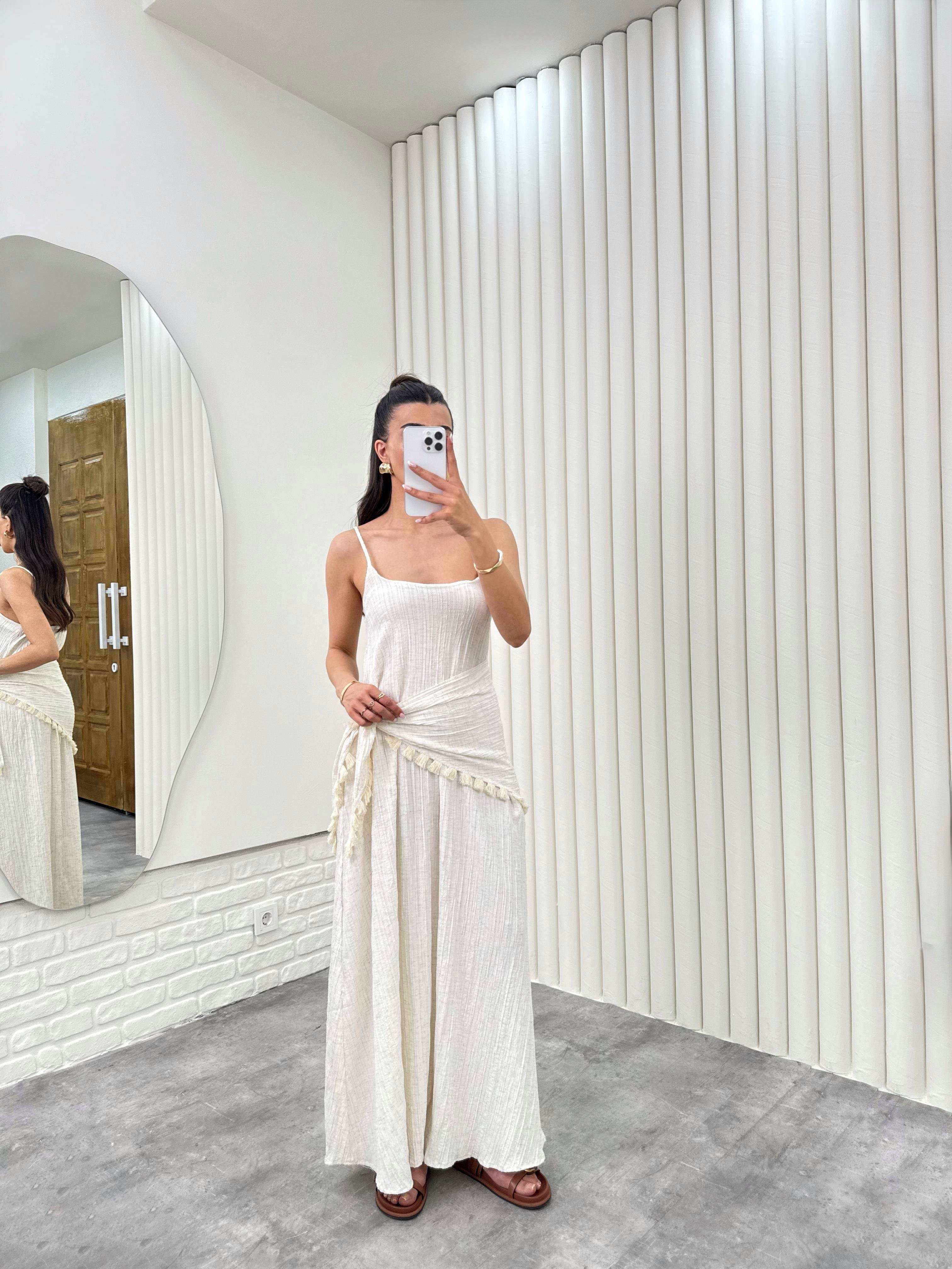 Taş Şal Aksesuarlı Astarlı Cepli Keten Elbise Gaus00309GausELBİSEGU1001708