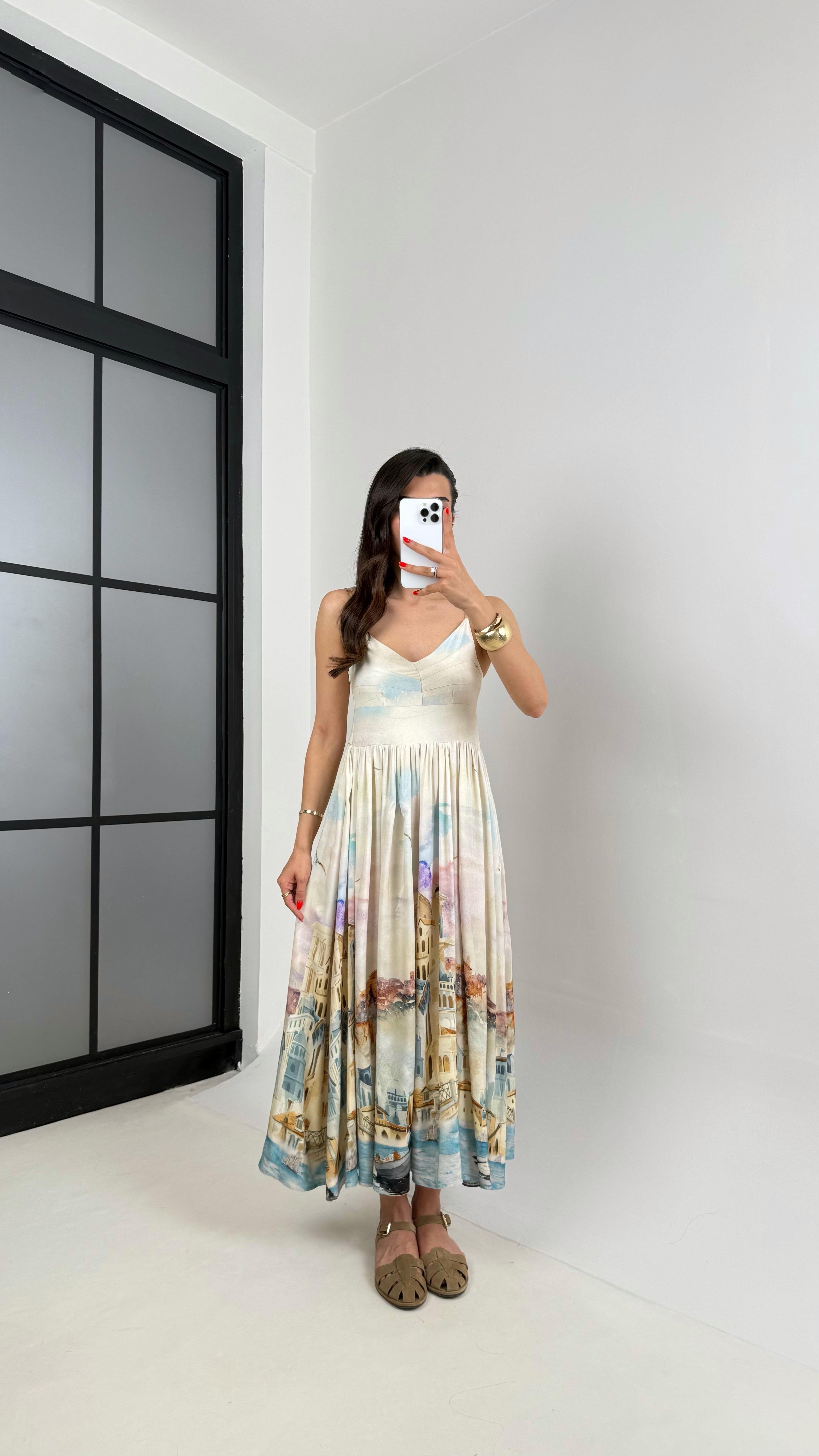 Taş Ayarlanabilir Askılı Desenli İthal Kumaş Tasarım Elbise Gaus00457GausELBİSEGU1002066