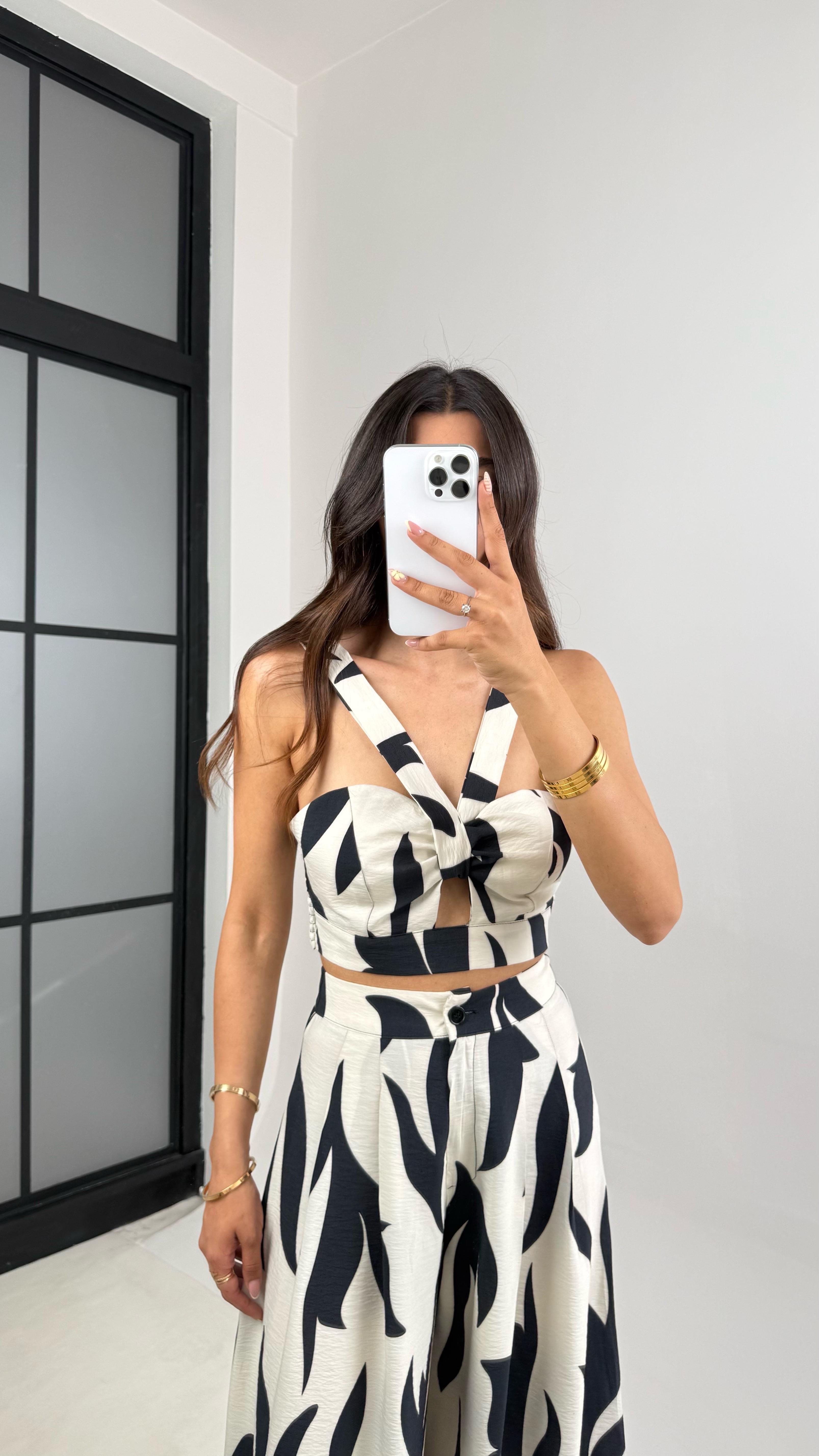 Ekru Desenli Beli Lastikli Crop Cepli Pantolon İkili Premium Takım Gaus00676GausTAKIMGU1002557