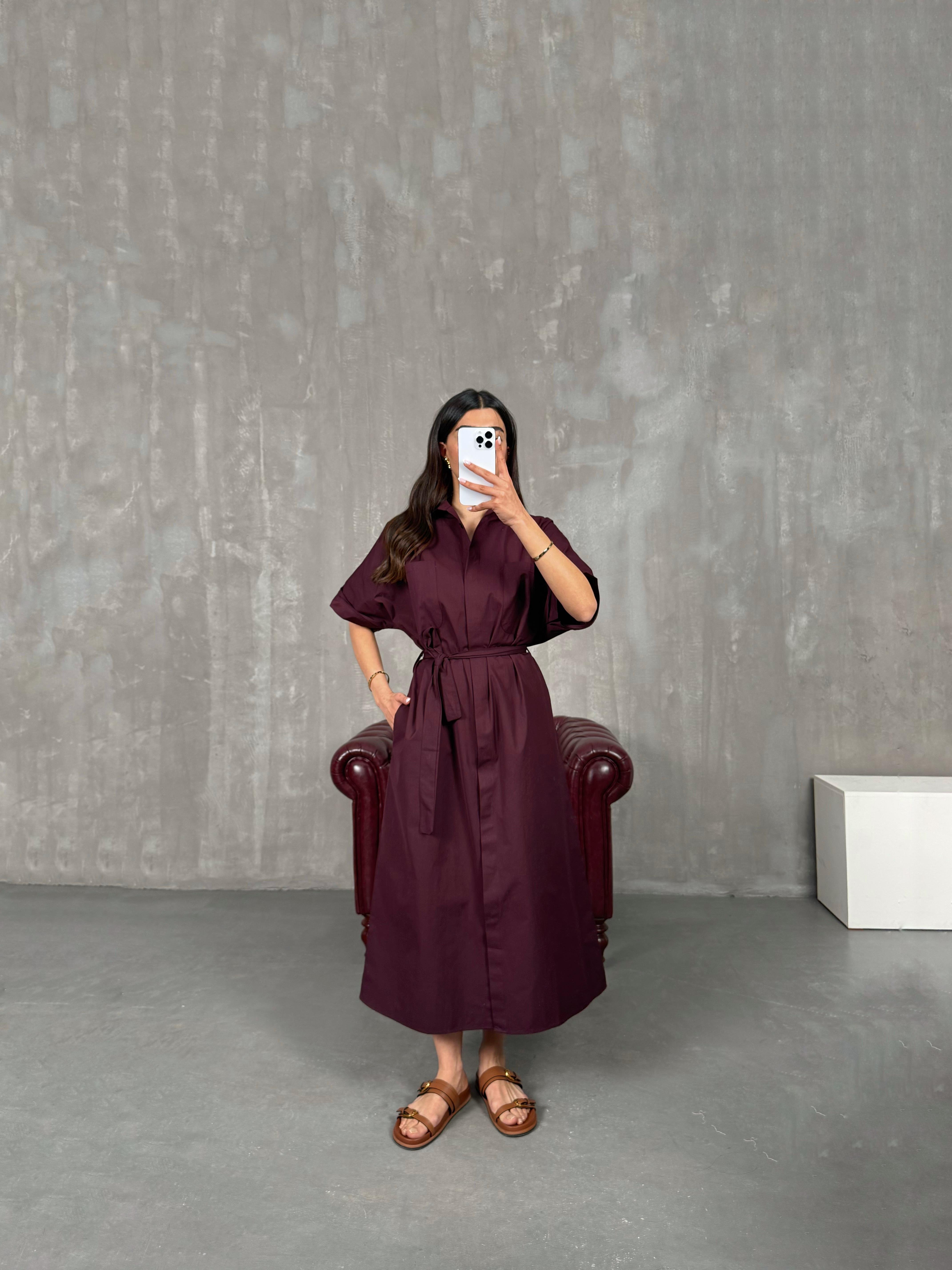 Bordo Cepli Önü Düğmeli Kuşaklı Elbise Gaus00257GausDressesGU1001595