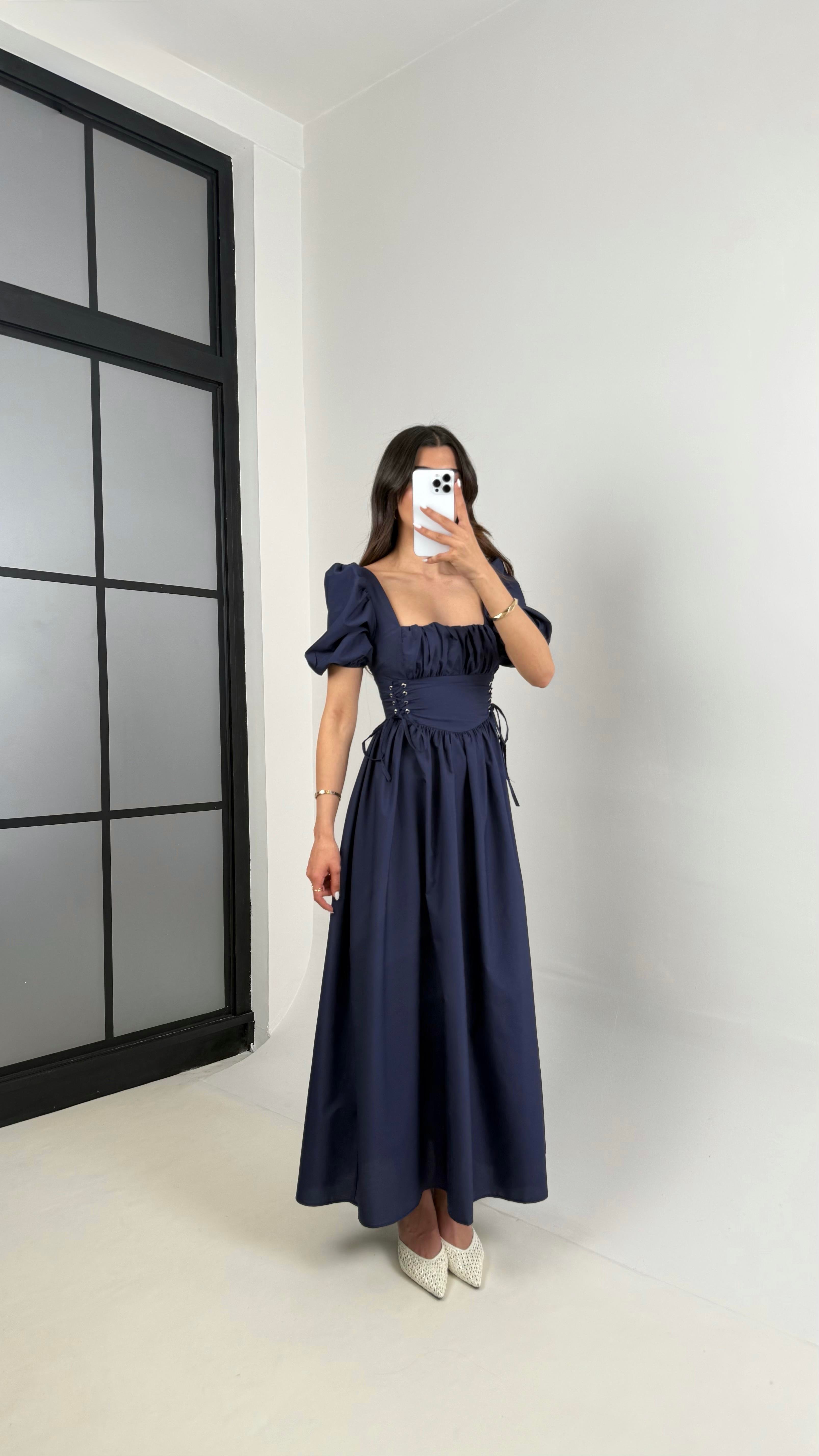 Lacivert Balon Kol Önü Büzgülü İthal Kumaş Elbise Gaus00425GausELBİSEGU1001990