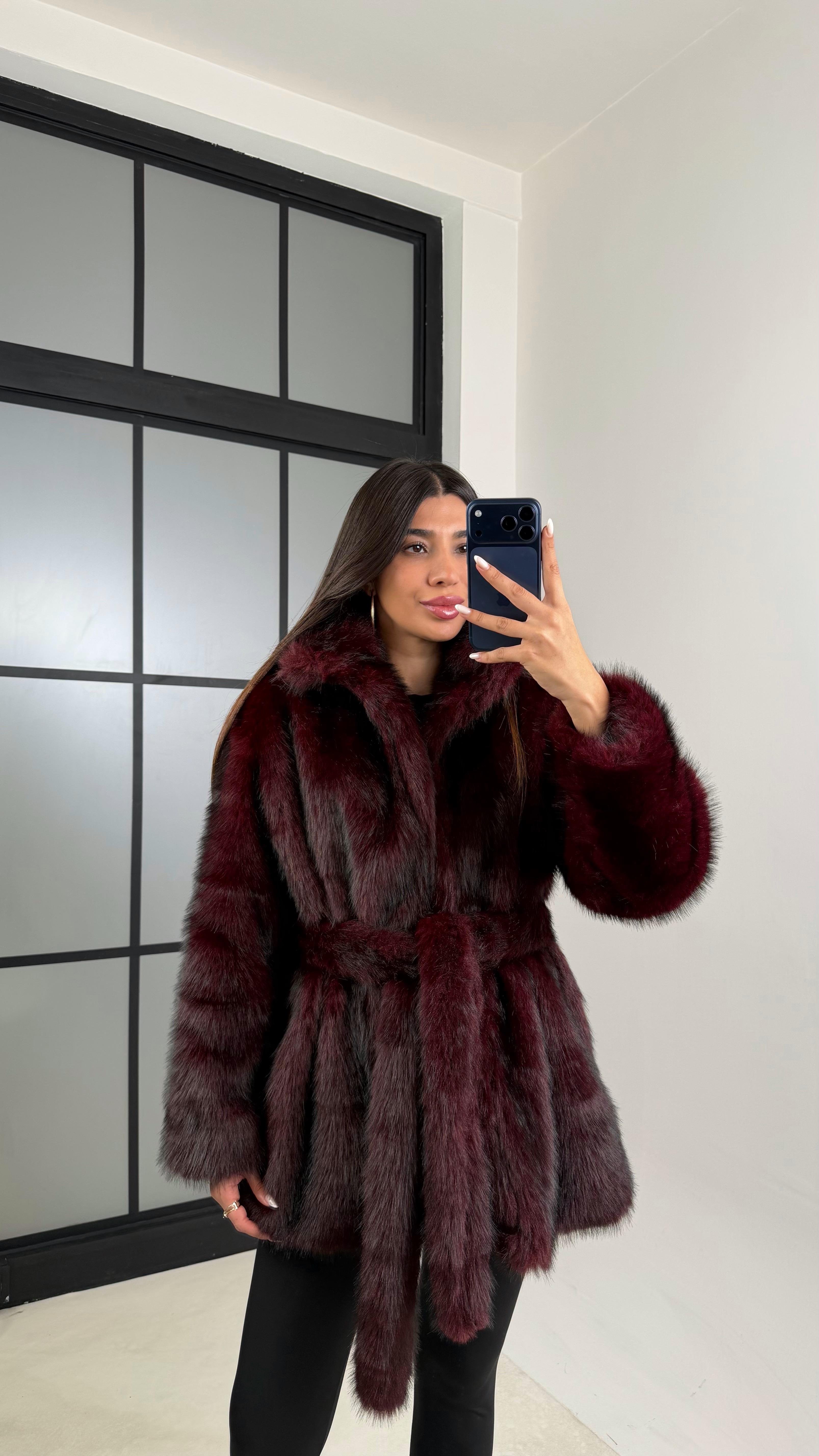 Bordo Astarlı Kuşaklı Premium Kürk GAUS-00649GAUS الجواكيت GAUS-00649