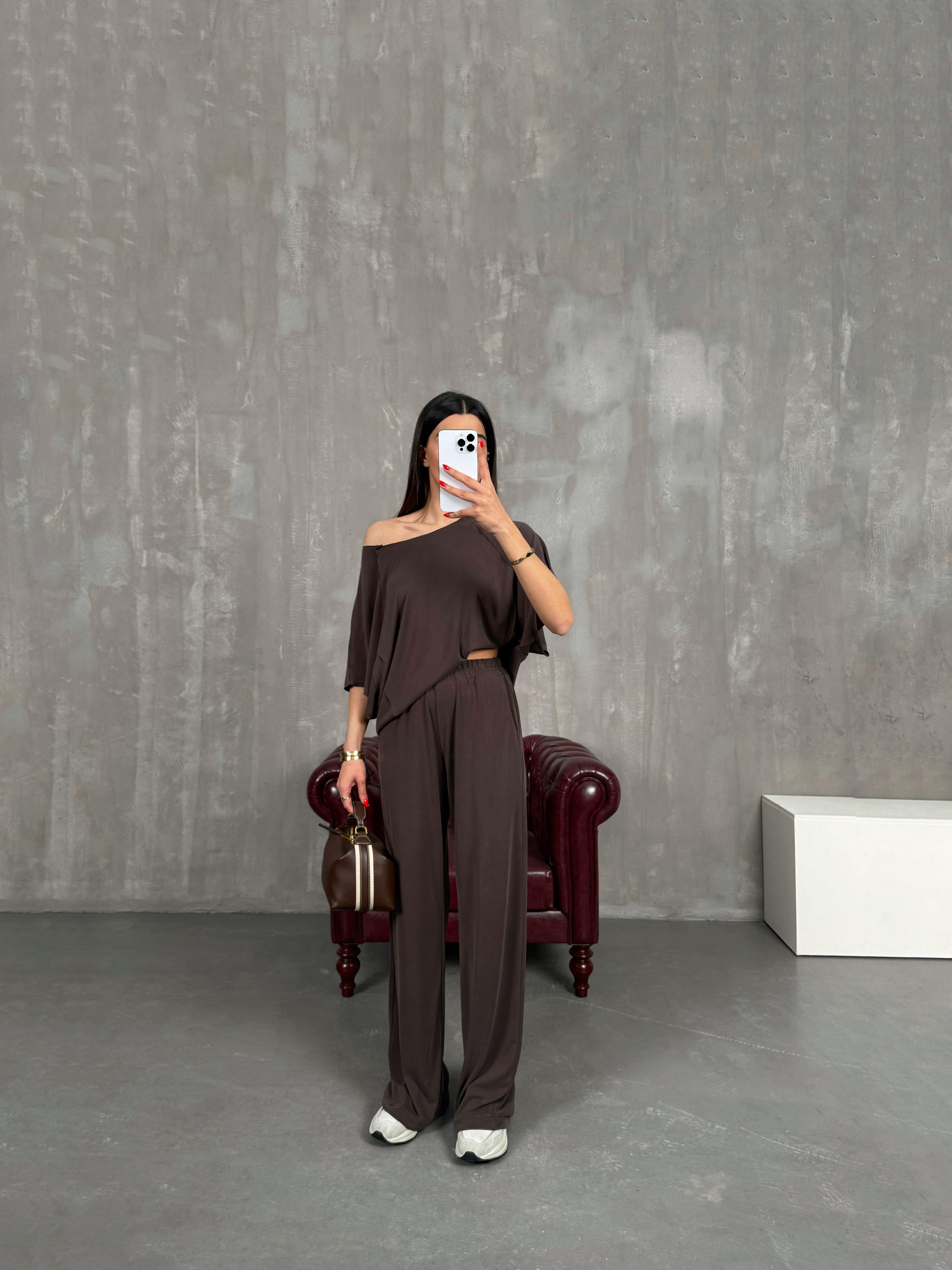 Kahve İnce Modal Kumaş Kısa Kol Muadil Basic Takım Gaus00197GausTAKIMGU1001463