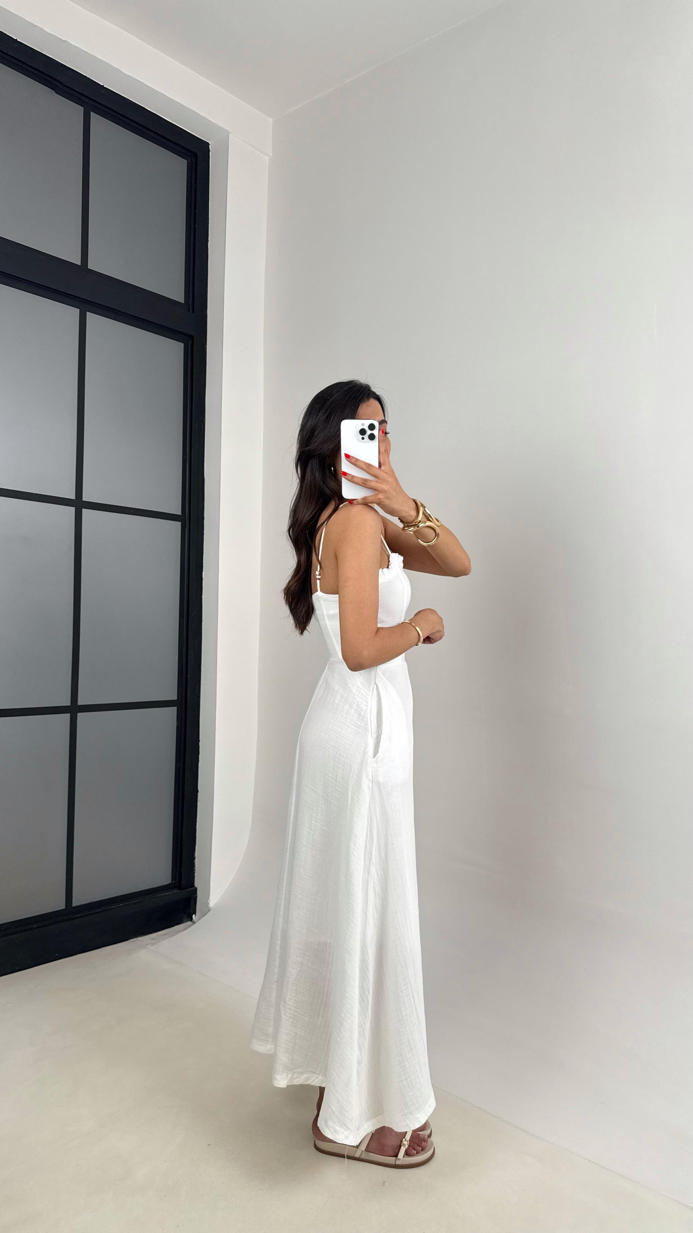 Beyaz Ayarlanabilir Askılı Cepli Astarlı Müslin Elbise Gaus00519GausELBİSEGU1002215