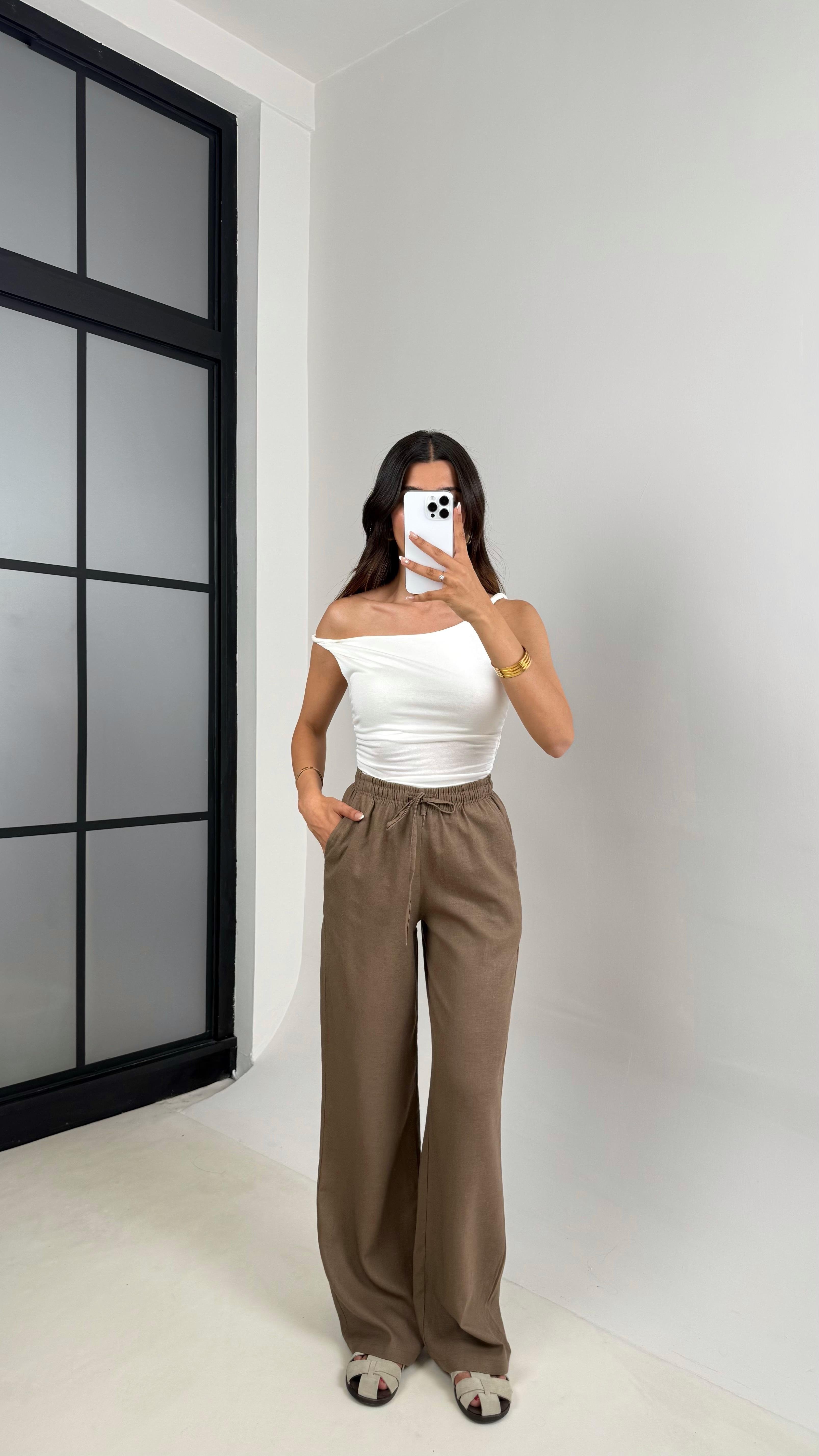 Kahve Beli Lastikli Muadil Keten Pantolon Gaus00623GausPANTOLONGU1002454