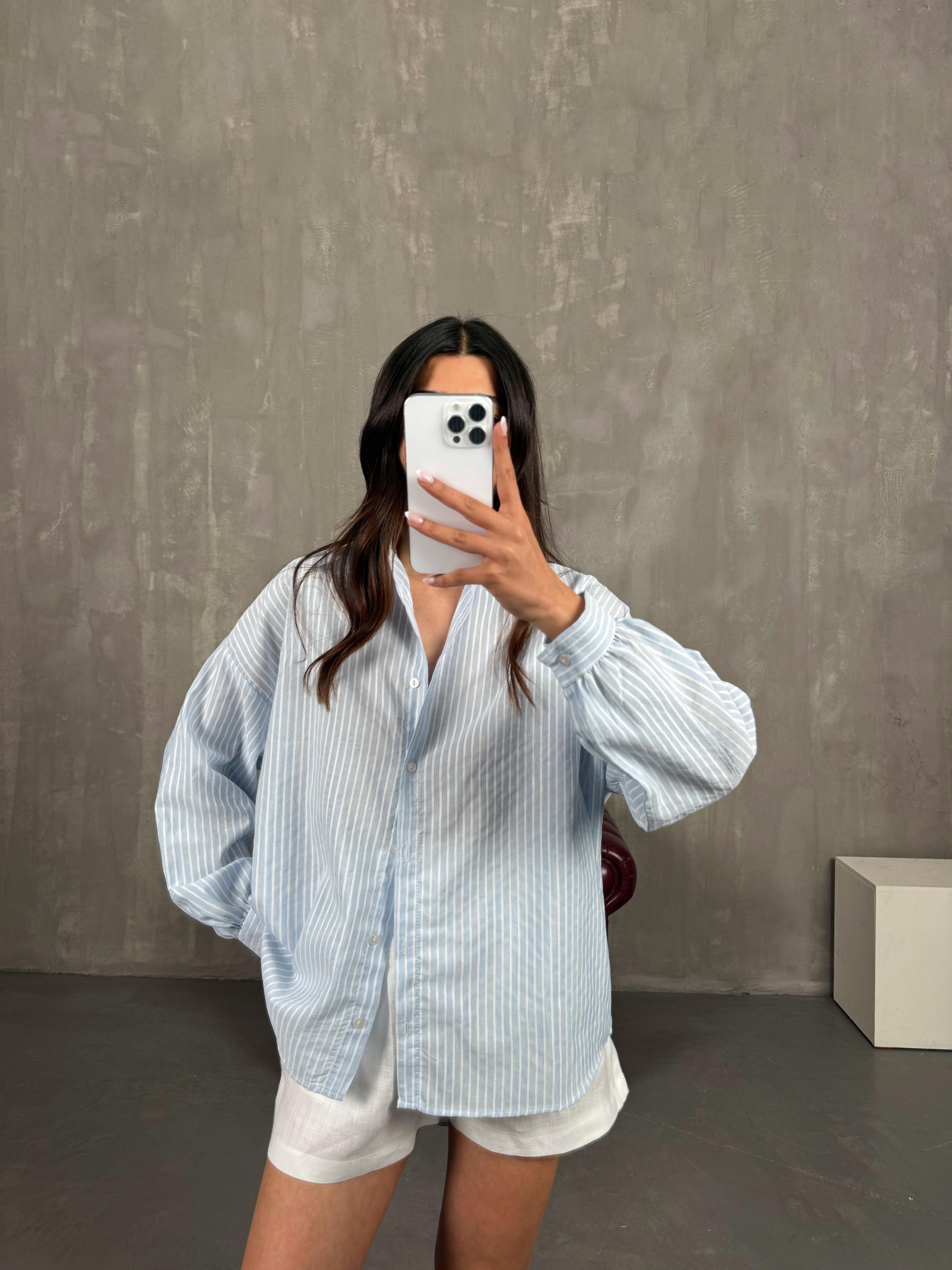 Mavi Beyaz Çizgili Keten Gömlek Gaus00268GausGÖMLEKGU1001618