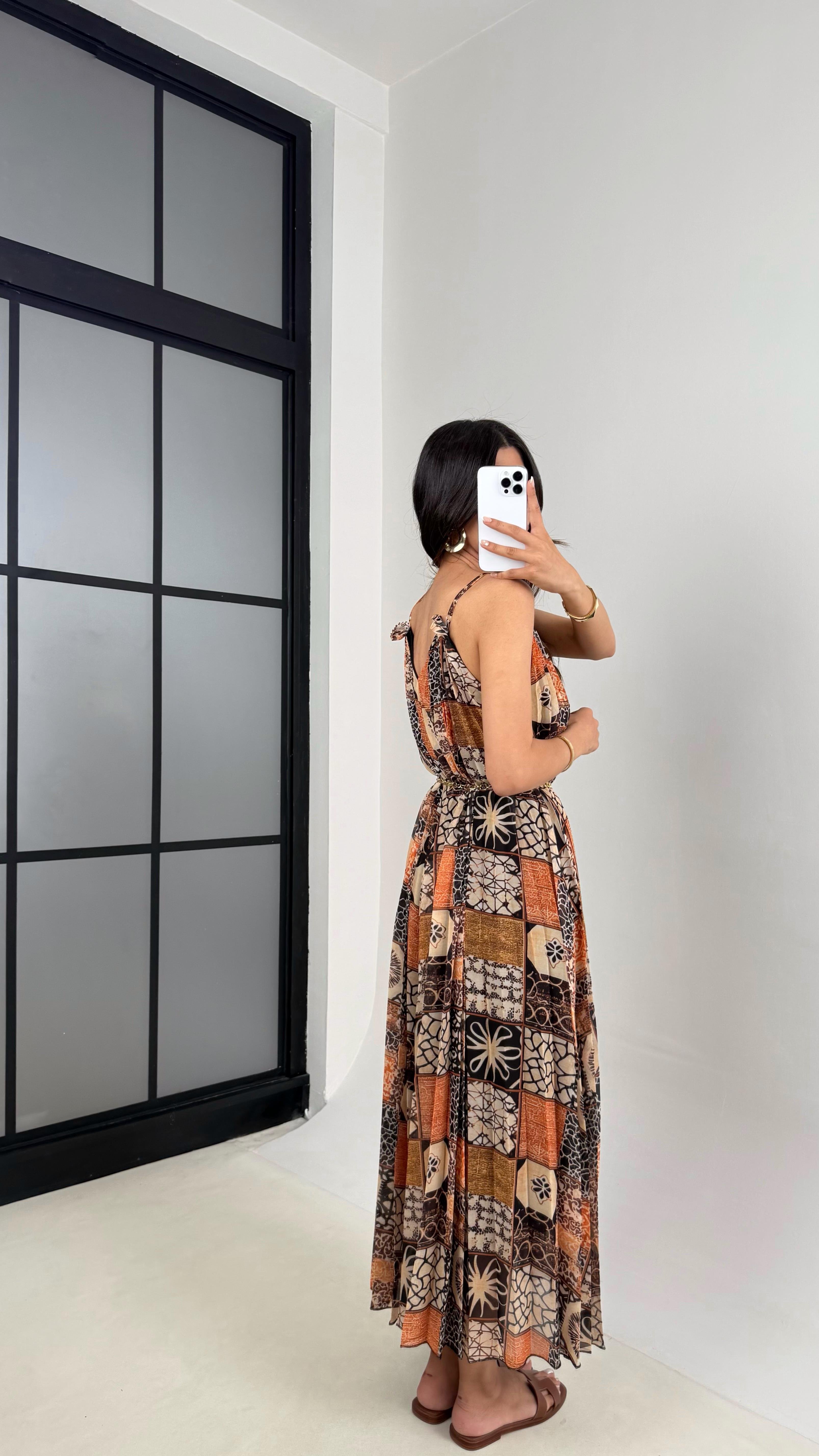 Çok Desenli Ayarlanabilir Askılı Astarlı Şifon Elbise Gaus00524GausELBİSEGU1002230