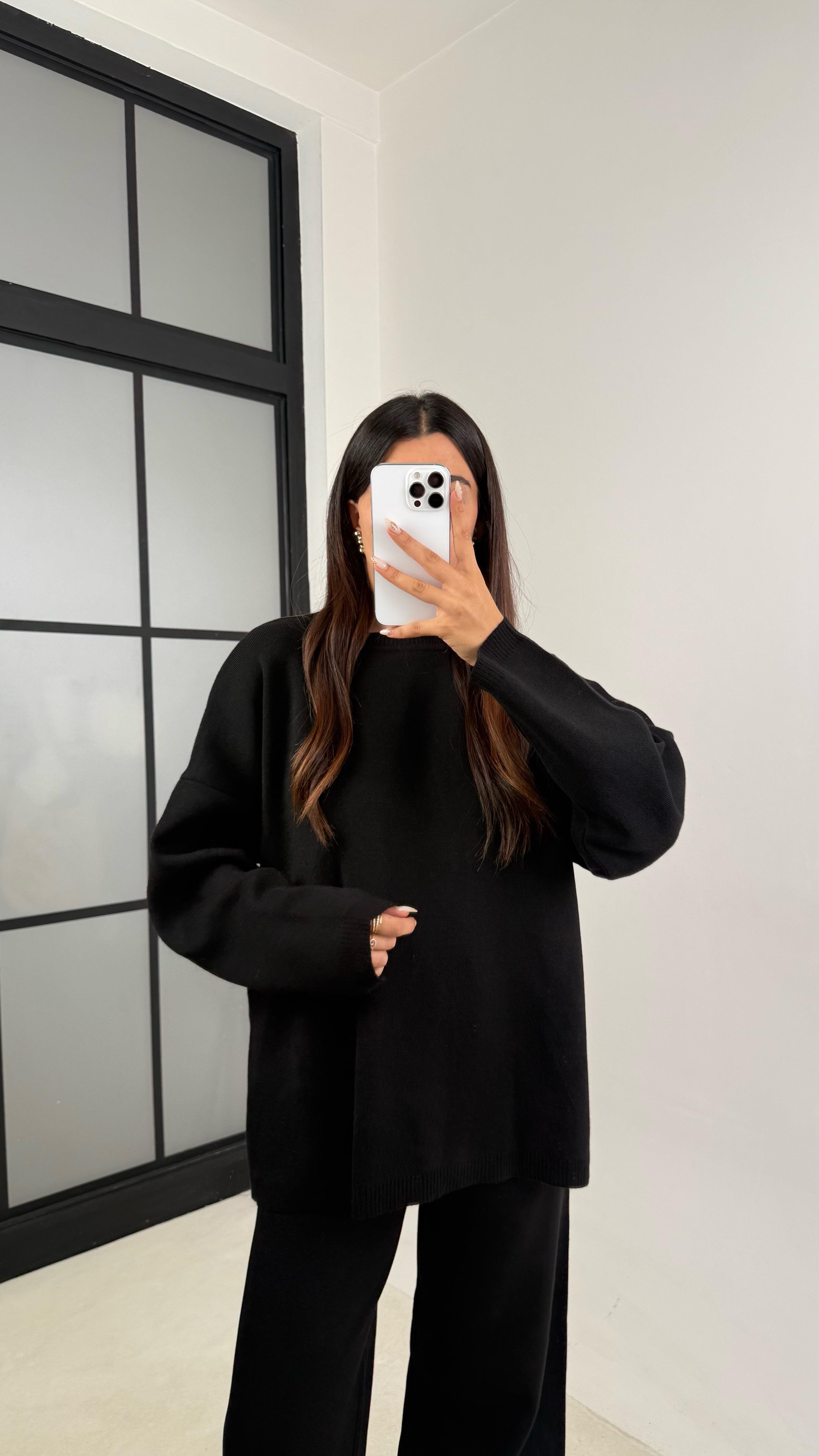 Siyah Uzun Kol Kazak Beli Lastikli Pantalon İkili Triko Takım GAUS-00103GAUSTAKIMGAUS-00103