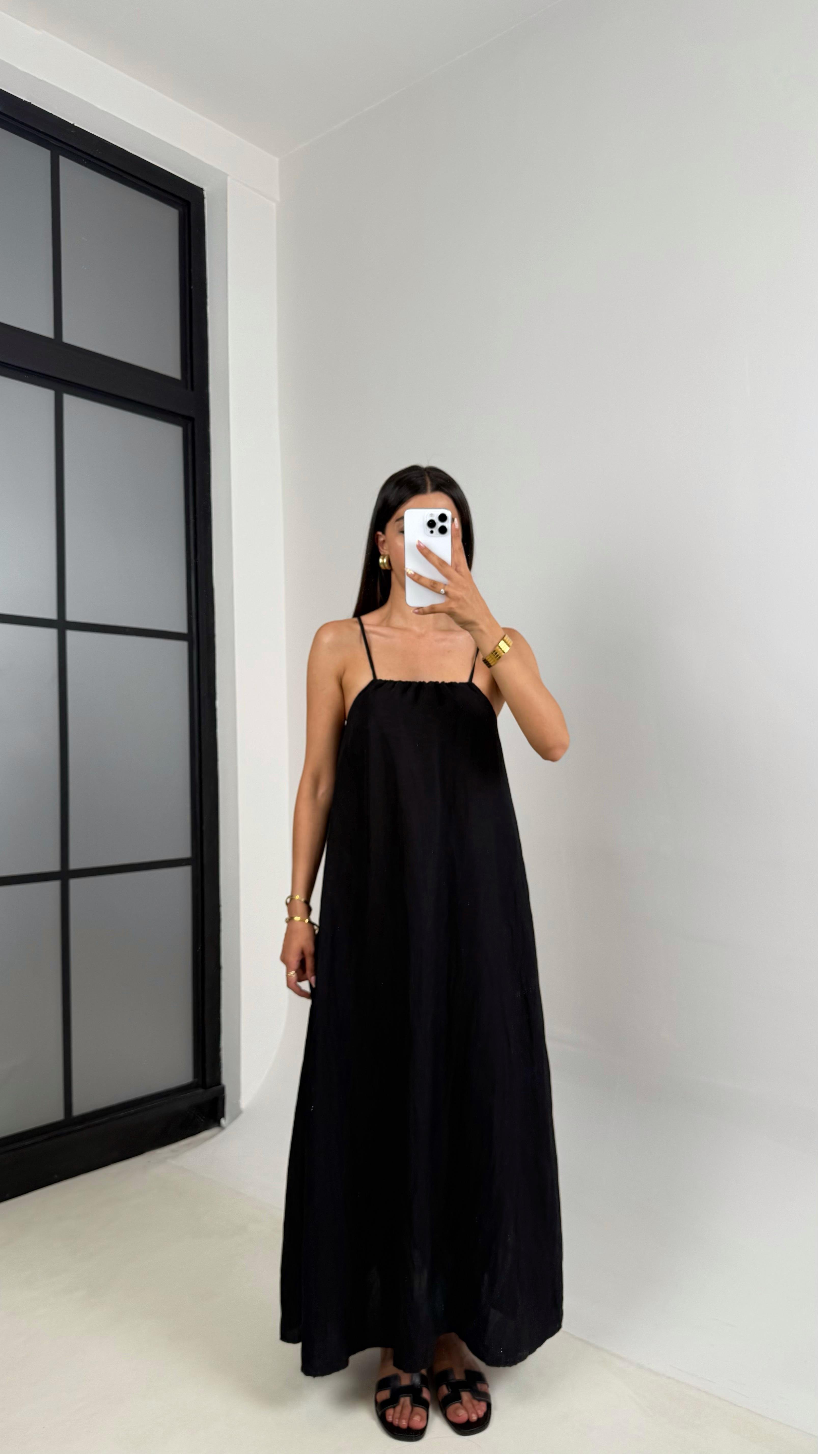 Siyah Ayarlanabilir Askılı Muadil Kırışık Kumaş Elbise Gaus00674GausELBİSEGU1002553