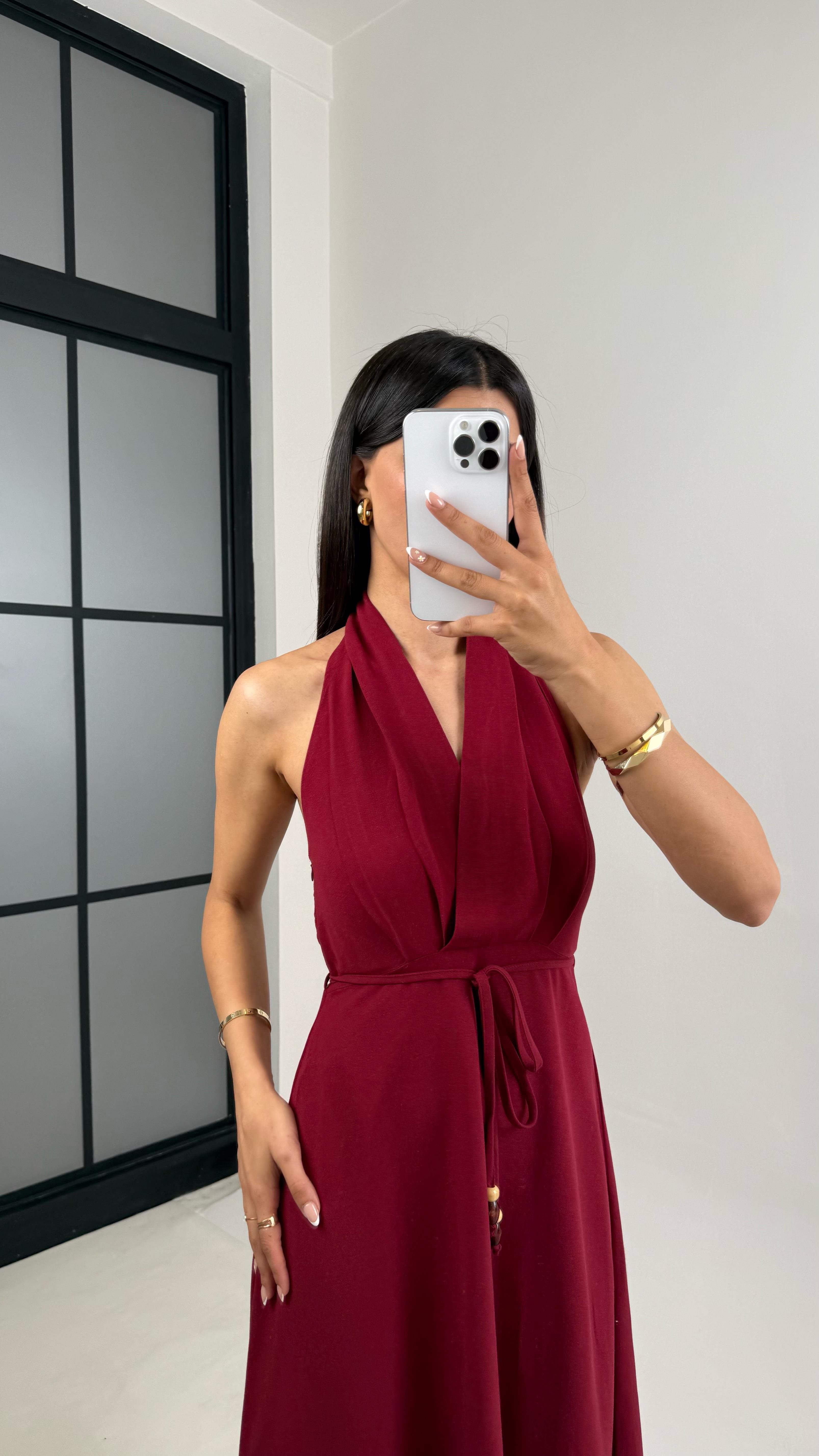 Bordo V Yaka Kuşaklı Boyundan Askılı Keten Elbise Gaus00541GausELBİSEGU1002260