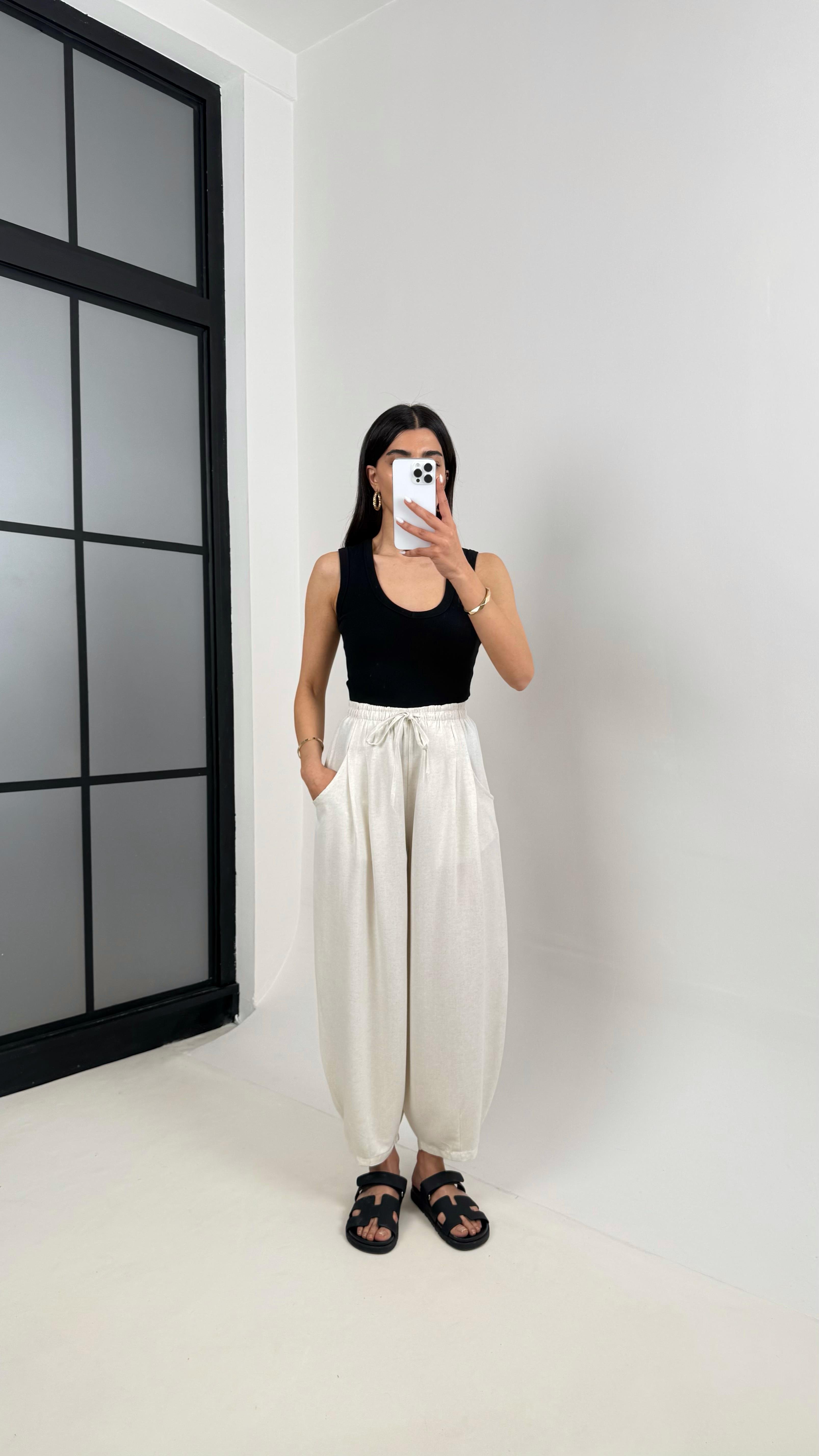 Taş Beli Lastikli Cepli Balon Keten Pantolon Gaus00391GausPANTOLONGU1001916