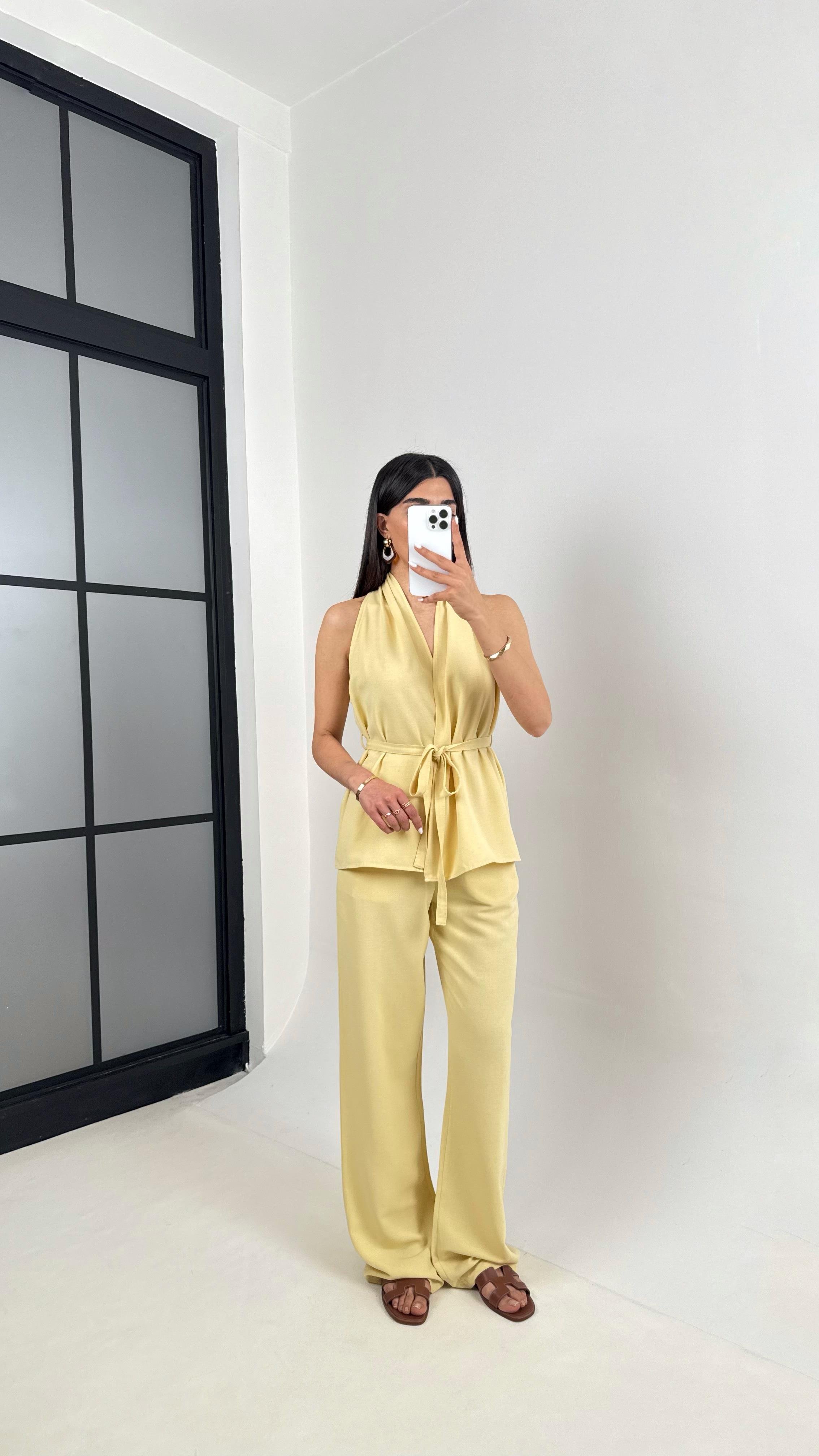 Sarı Önü Bağlamalı Kuşaklı Yelek Beli Lastikli Cepli Pantolon Keten Takım Gaus00410GausTAKIMGU1001956