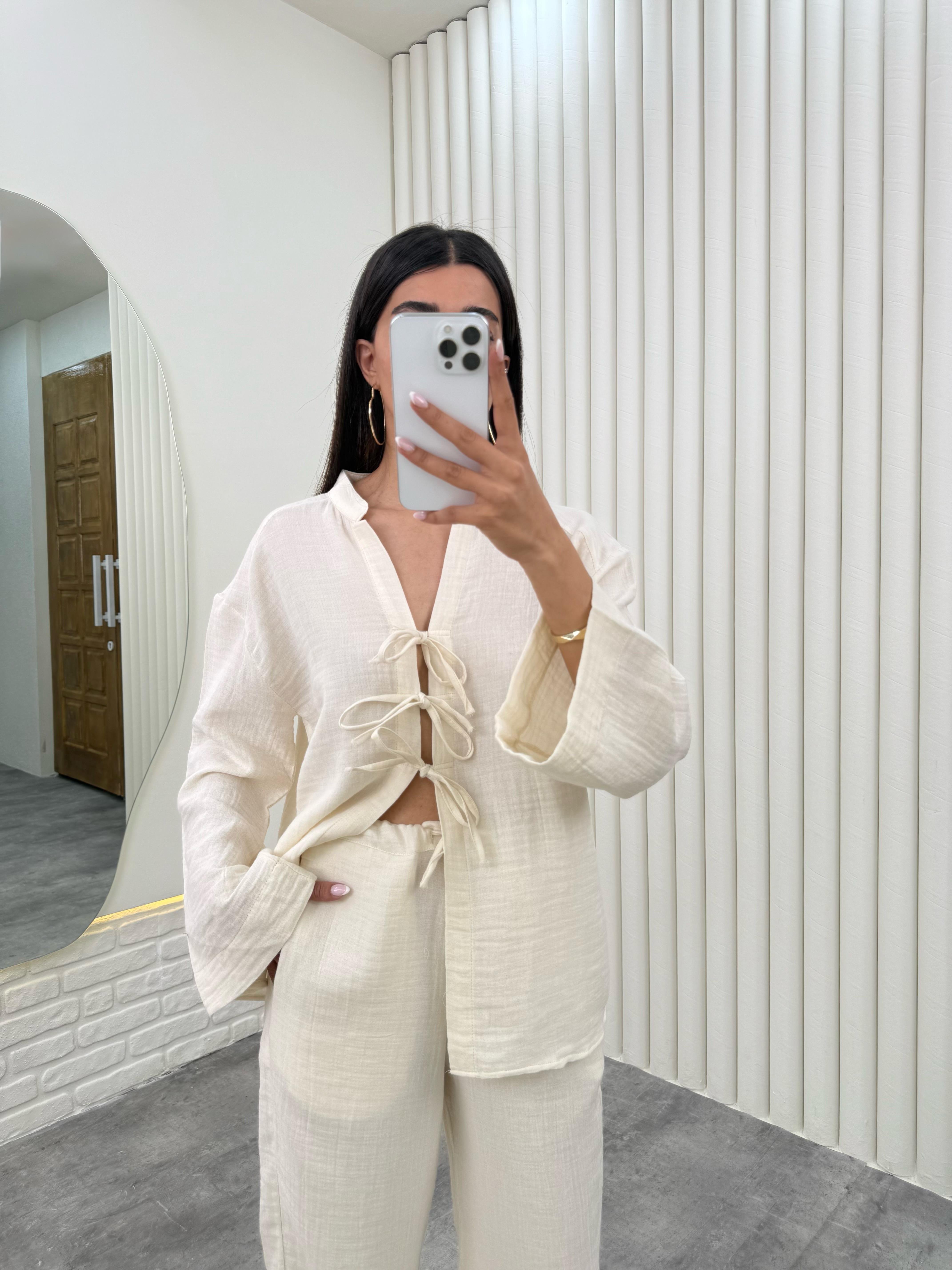 Ekru Önü Bağlamalı Beli Lastikli Müslin Kumaş Takım Gaus00282GausTAKIMGU1001656