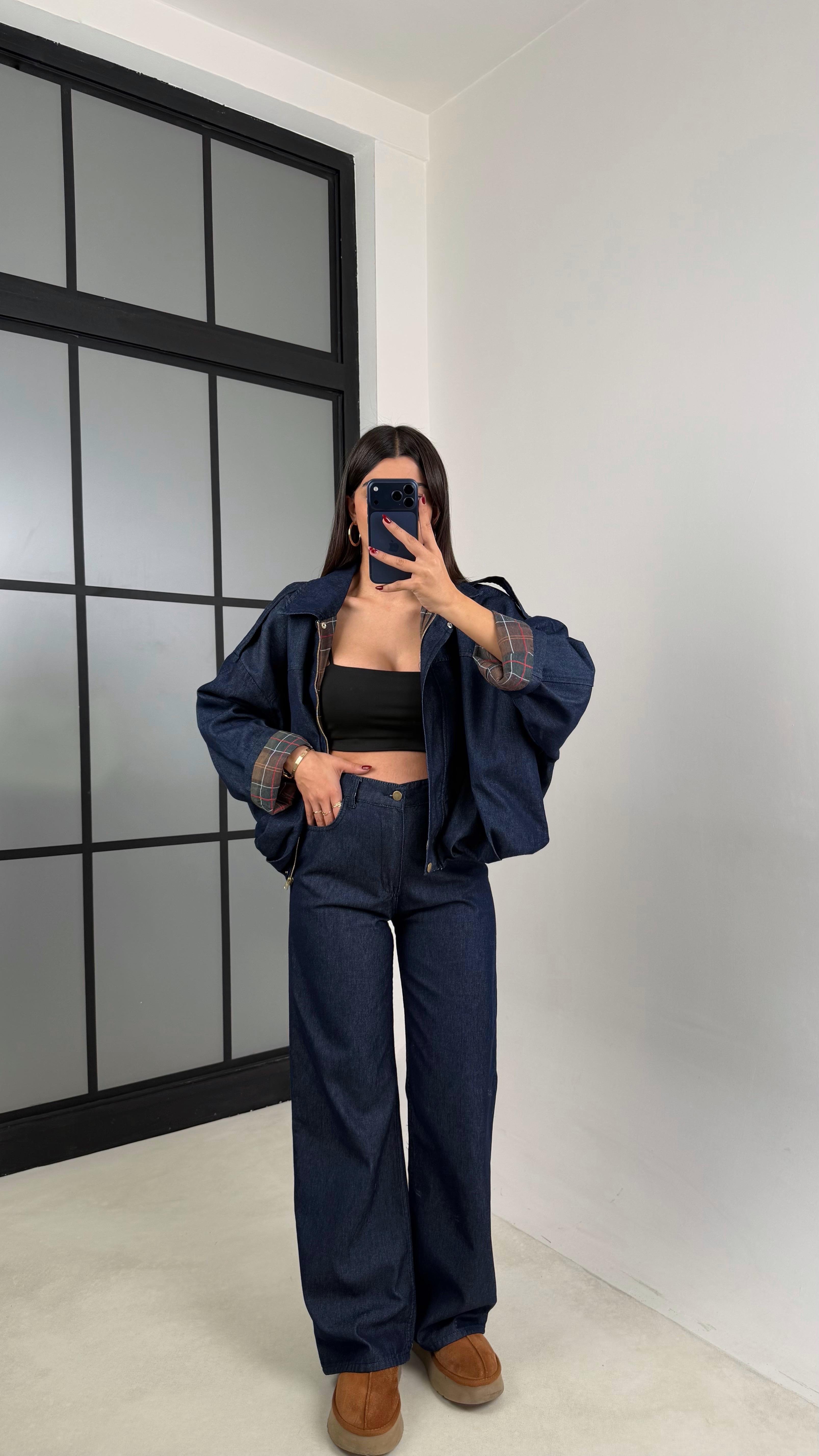 Lacivert Ekoseli Astarlı Bomber Ceket Beli Lastikli Pantolon Denim Takım GAUS-00687GAUSTAKIMGAUS-00687