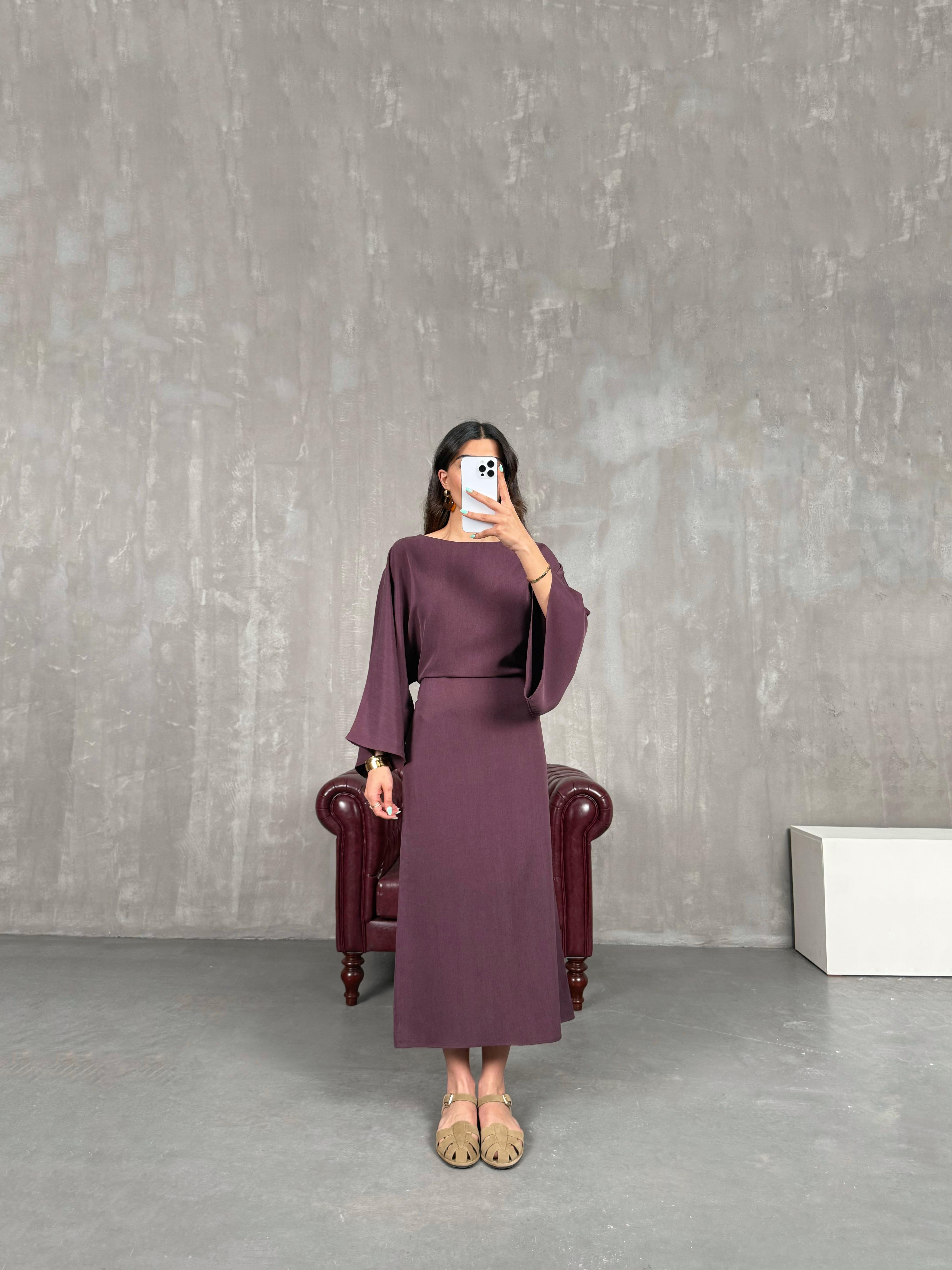 Bordo Yarasa Kol Kuşaklı Yırtmaçlı Tensel Elbise Gaus00225GausELBİSEGU1001519