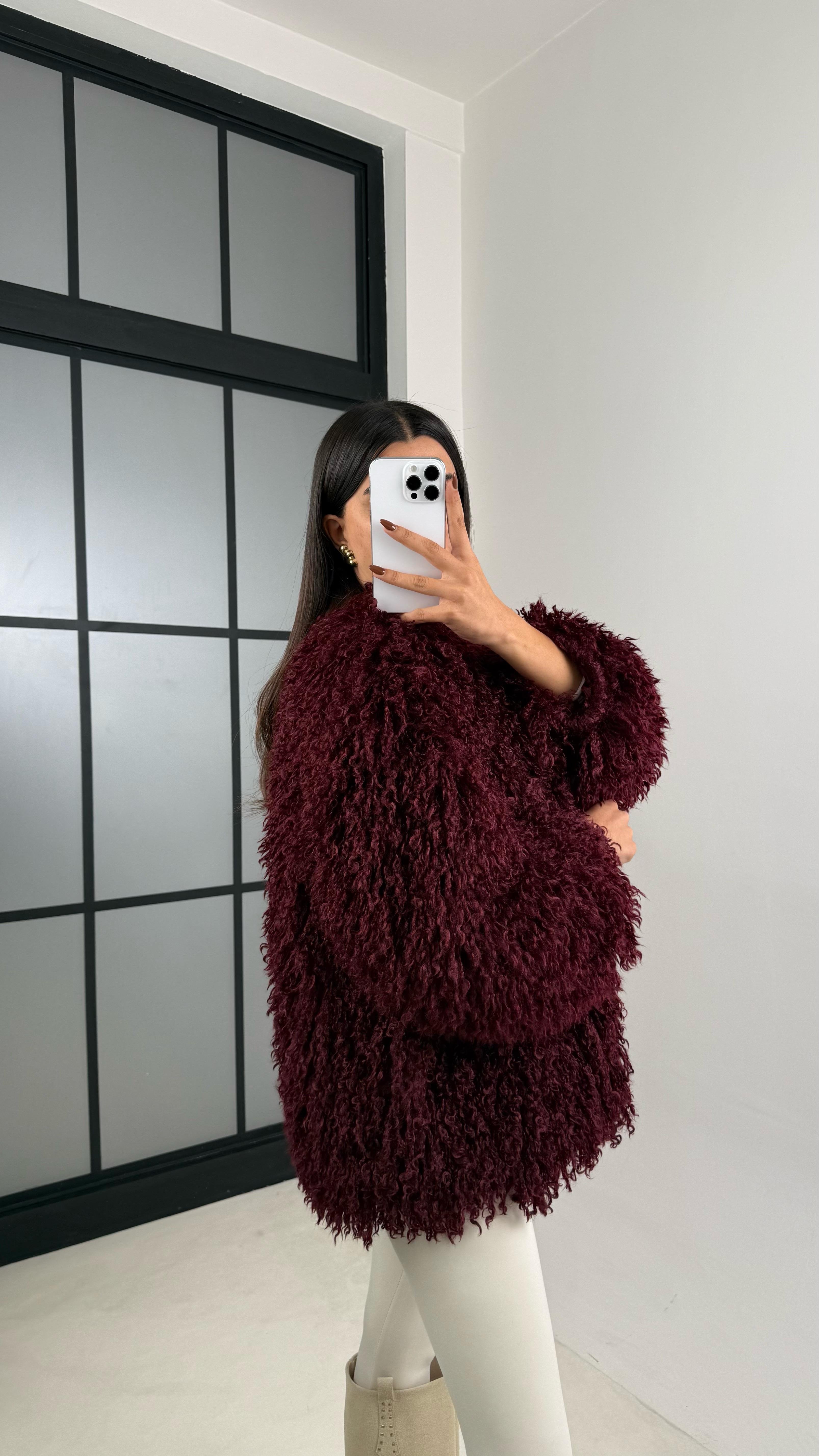 Bordo Saçaklı Astarlı Premium Kürk GAUS-00332GAUS الجواكيت GAUS-00332