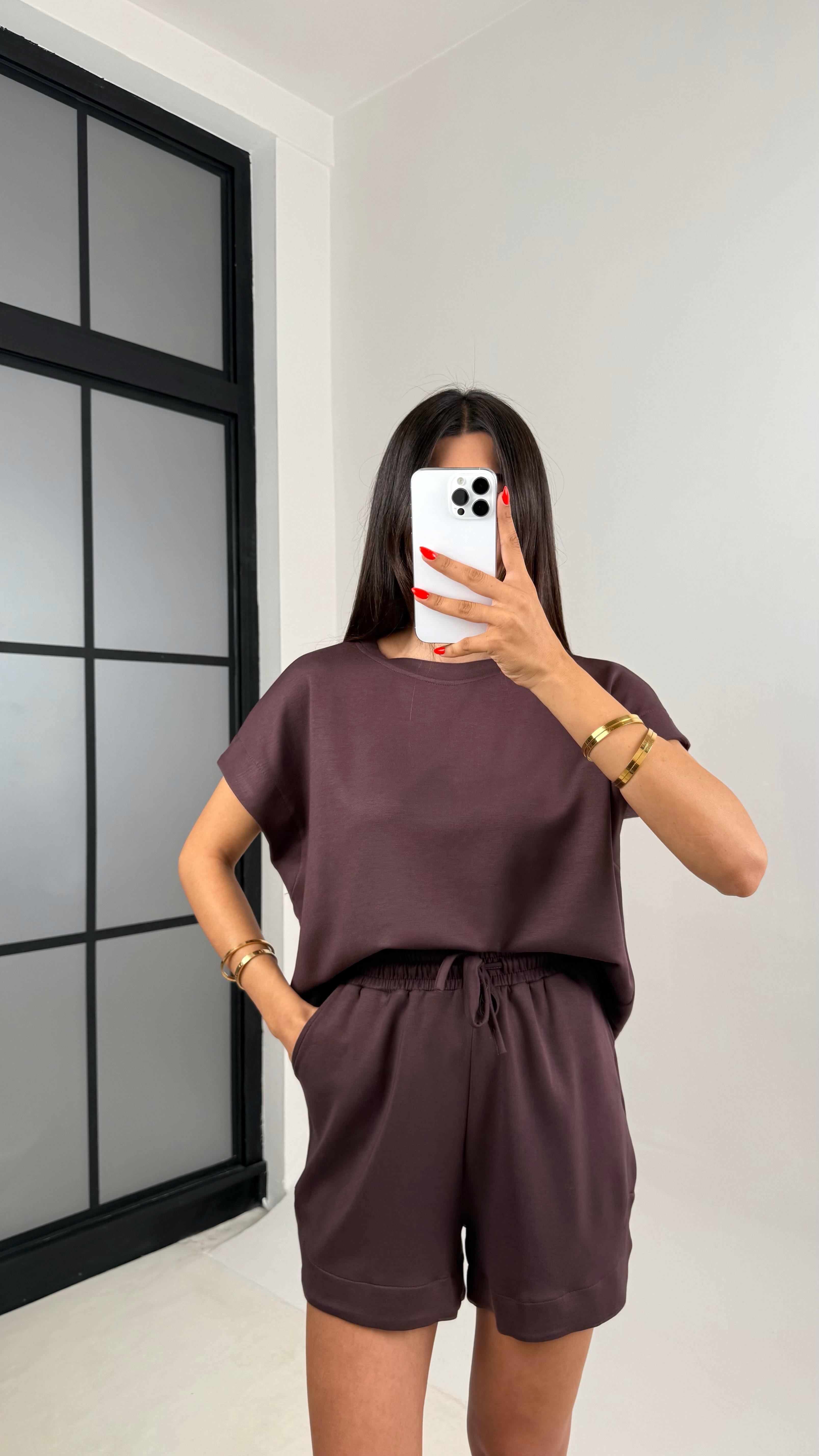 Acı Kahve Tshirt Şort İkili Modal Kumaş Takım Gaus00691GausTAKIMGU1002599