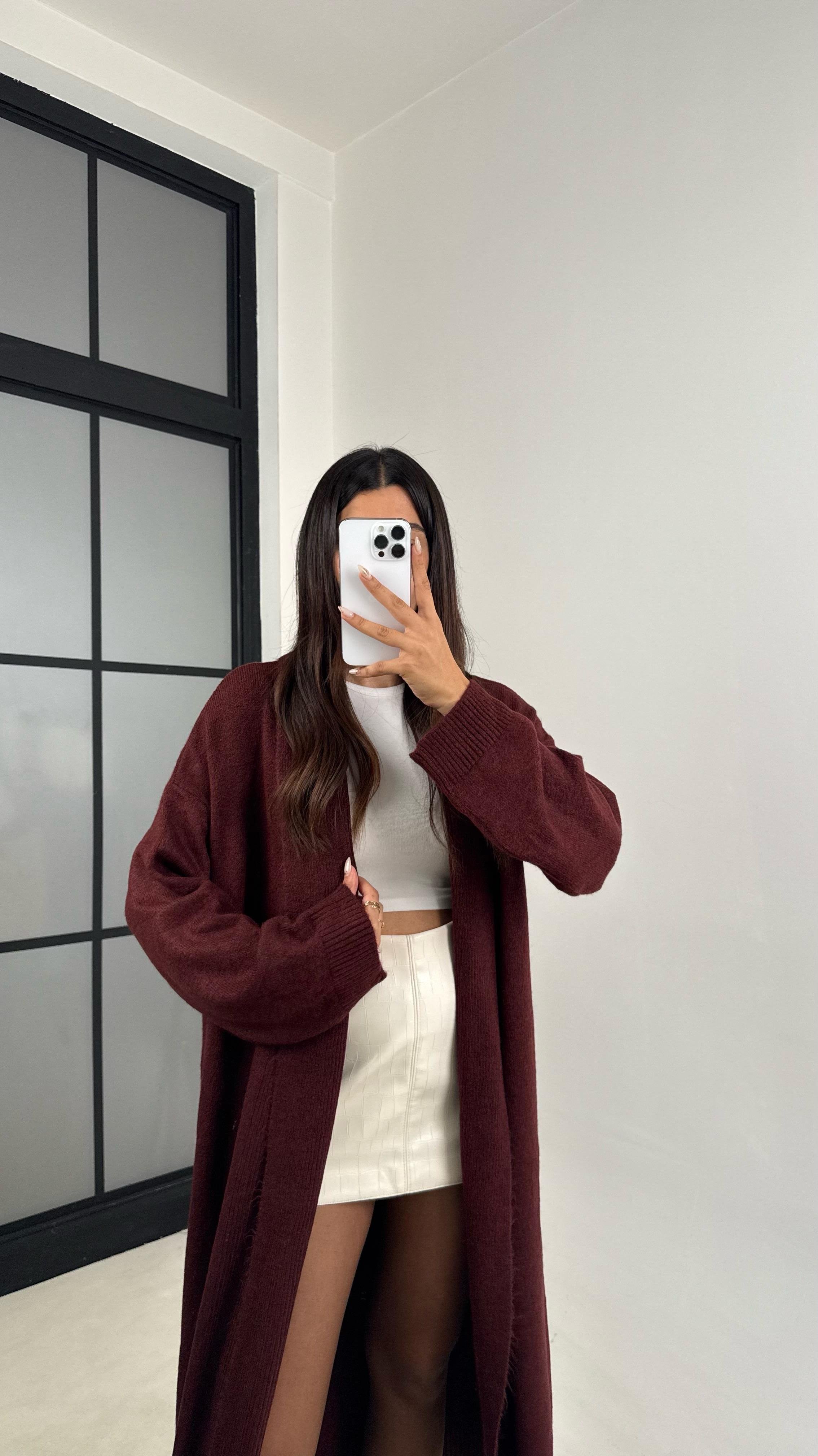 Bordo Uzun Premium Triko Hırka GAUS-00116GAUS الكارديغان  GAUS-00116