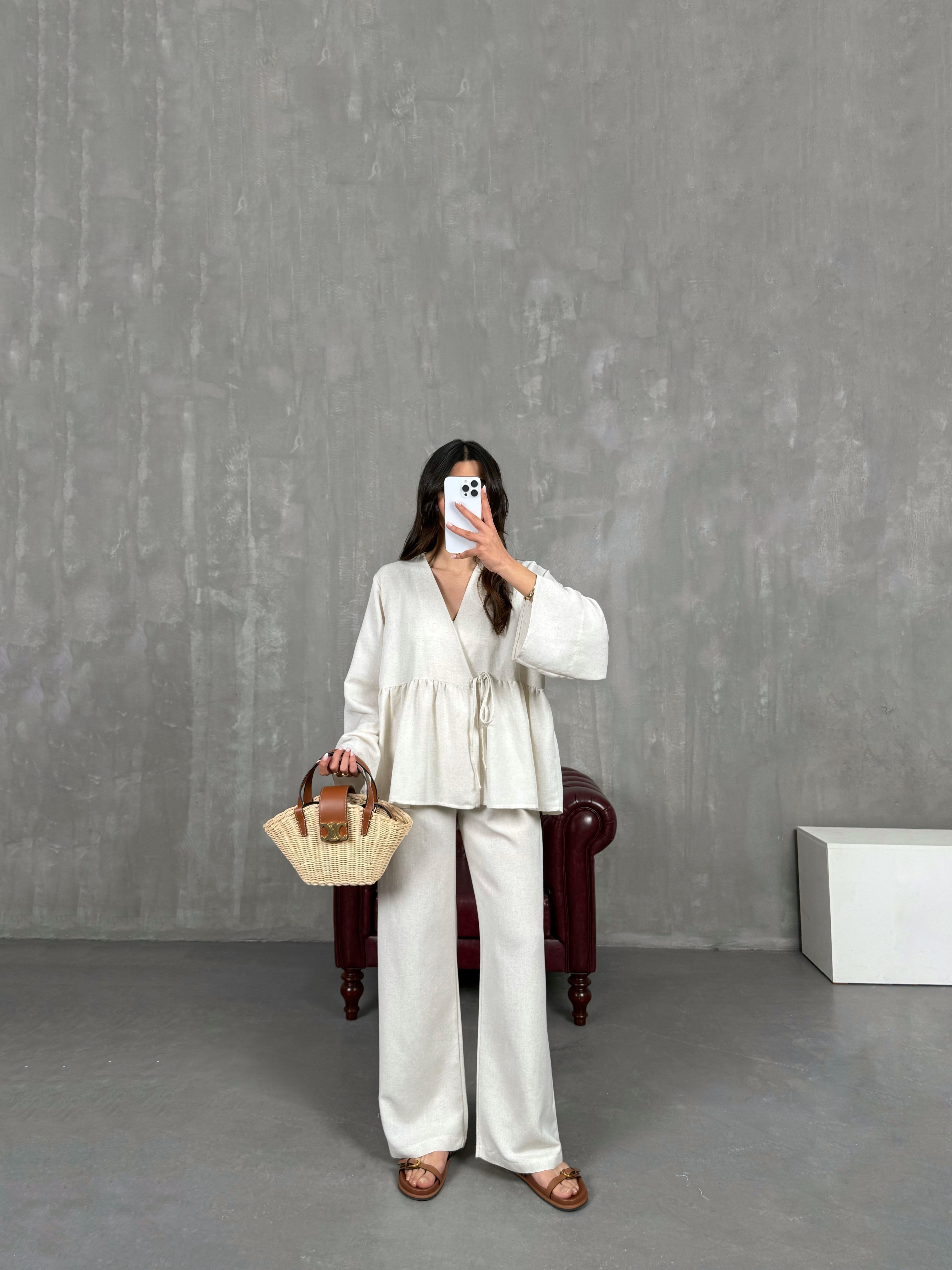 Taş Önü Bağlamalı Gömlek Beli Lastikli Pantolon İkili Keten Takım Gaus00262GausTAKIMGU1001604