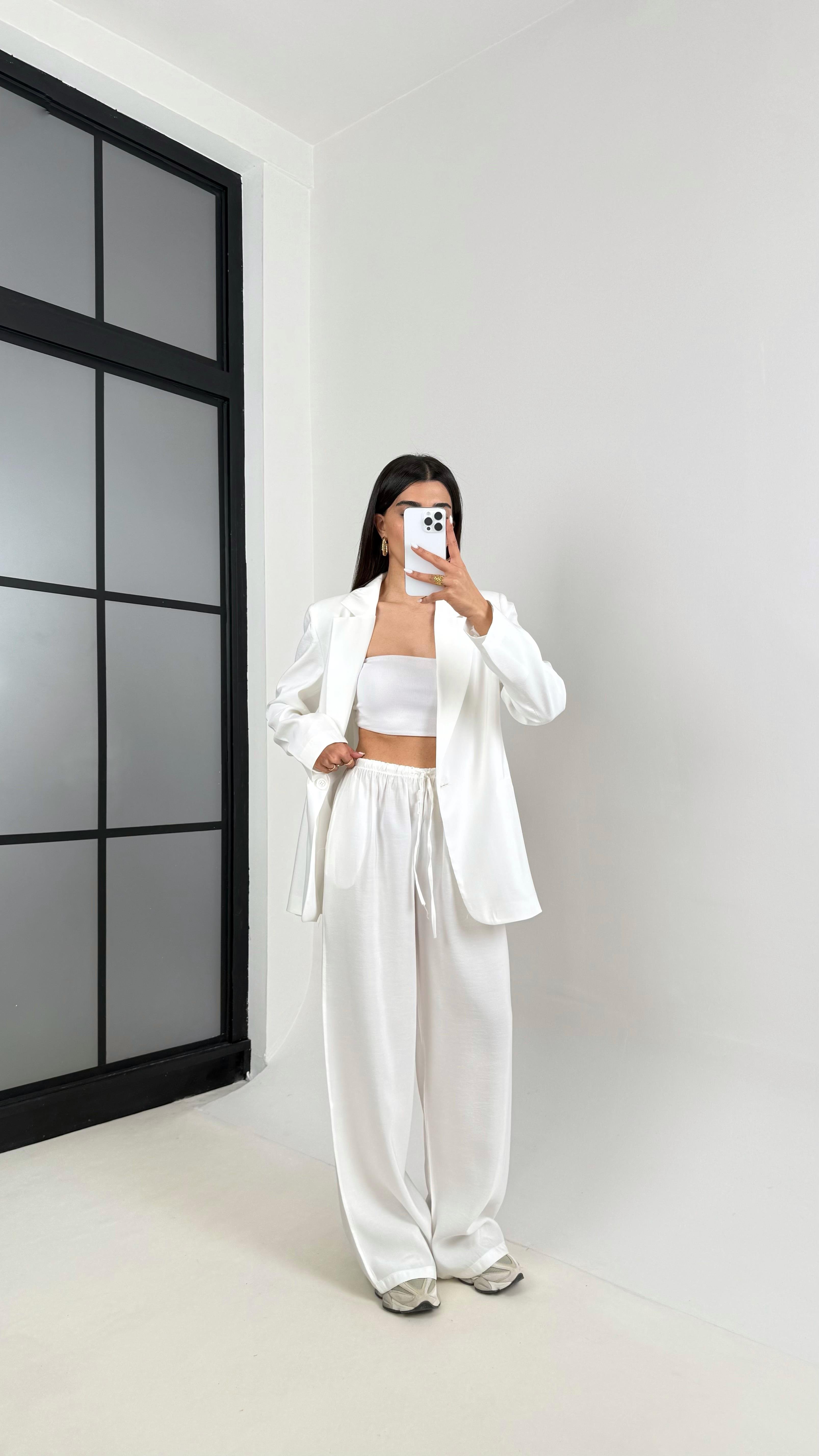 Beyaz Astarlı Blazer Ceket Beli Lastikli Pantolon Tensel Takım Gaus00444GausTAKIMGU1002035