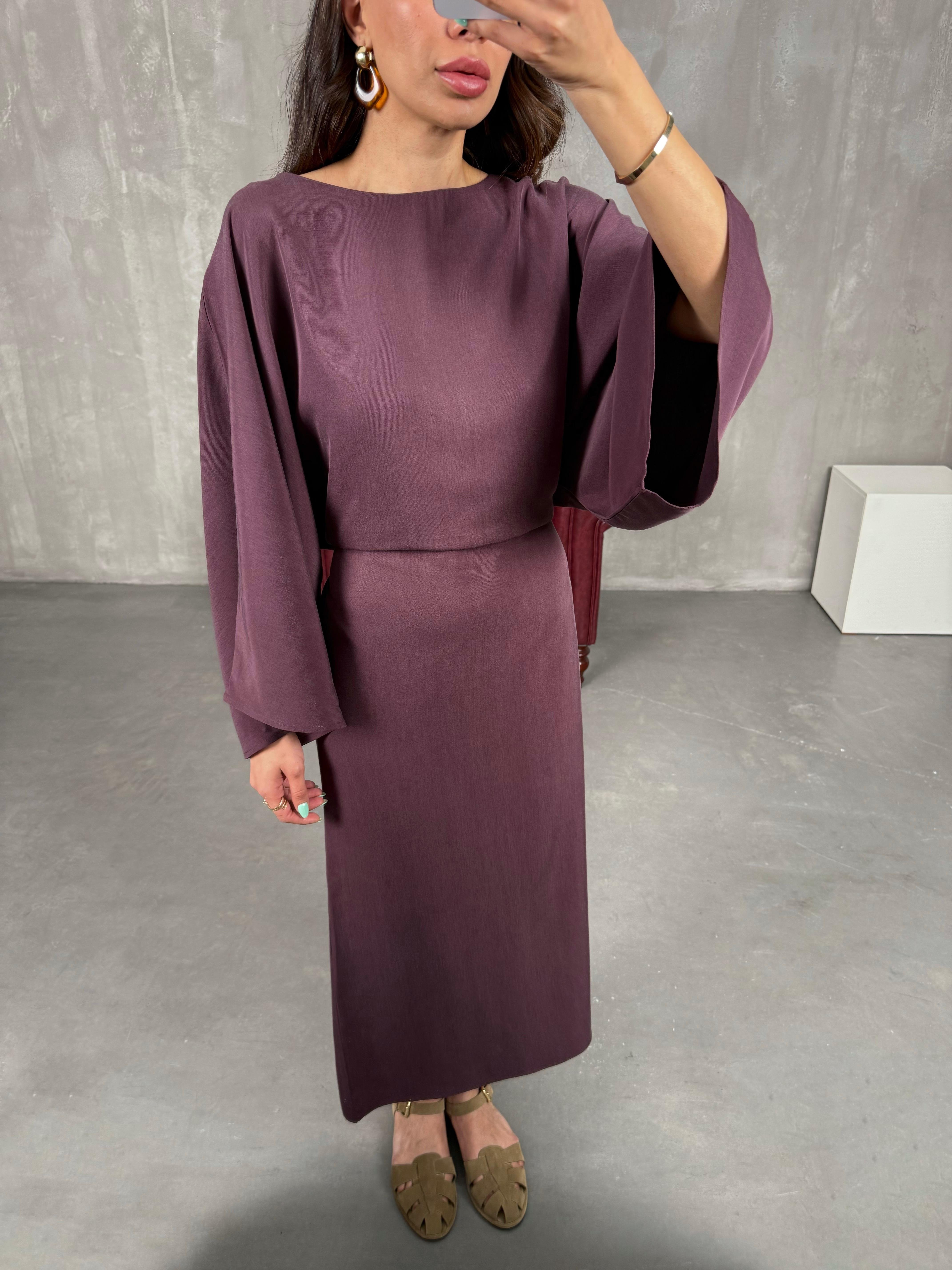 Bordo Yarasa Kol Kuşaklı Yırtmaçlı Tensel Elbise Gaus00225GausELBİSEGU1001519