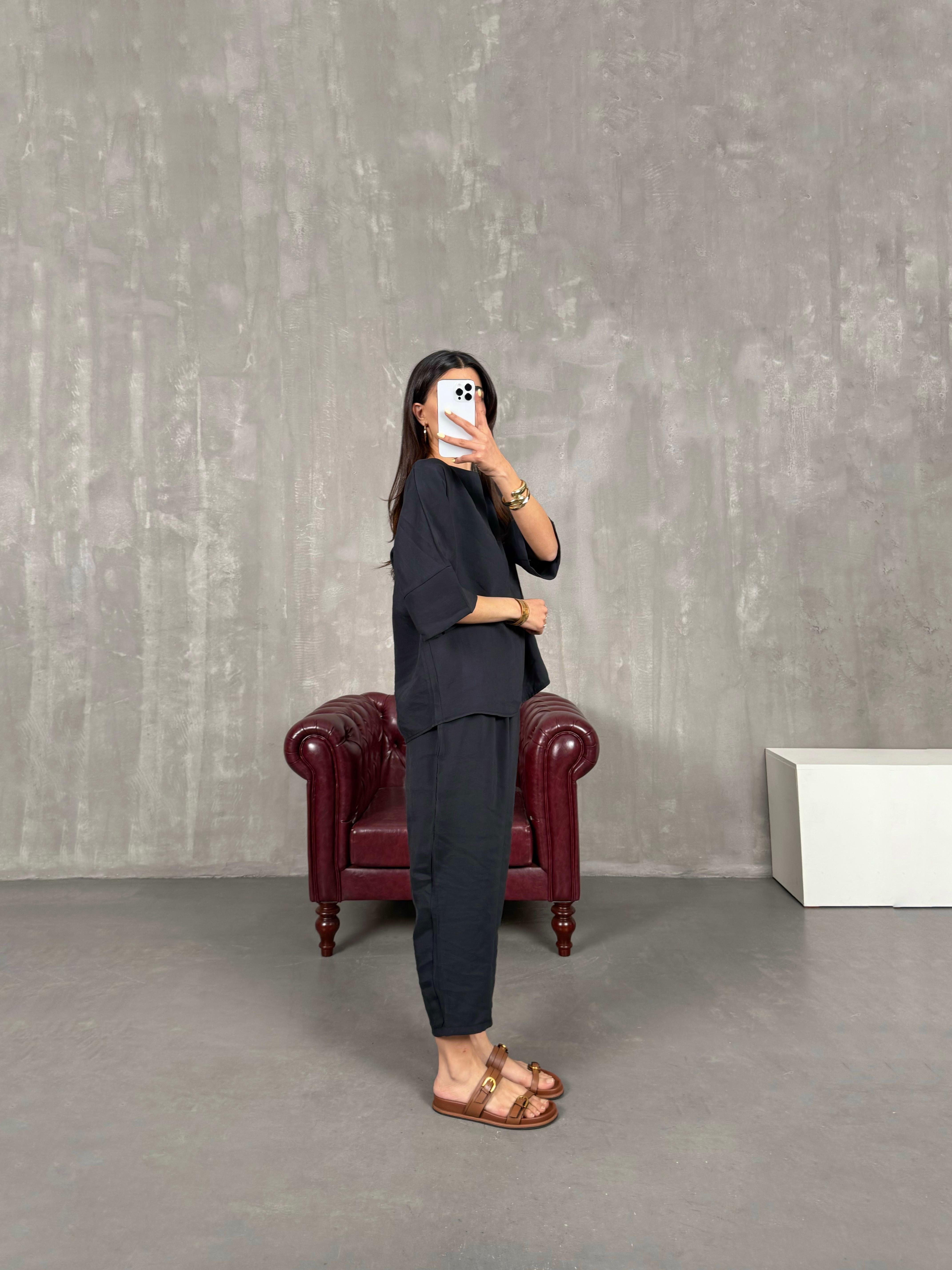 Siyah Bisiklet Yaka Kırışık Tensel Takım Gaus00132GausTAKIMGU1001298