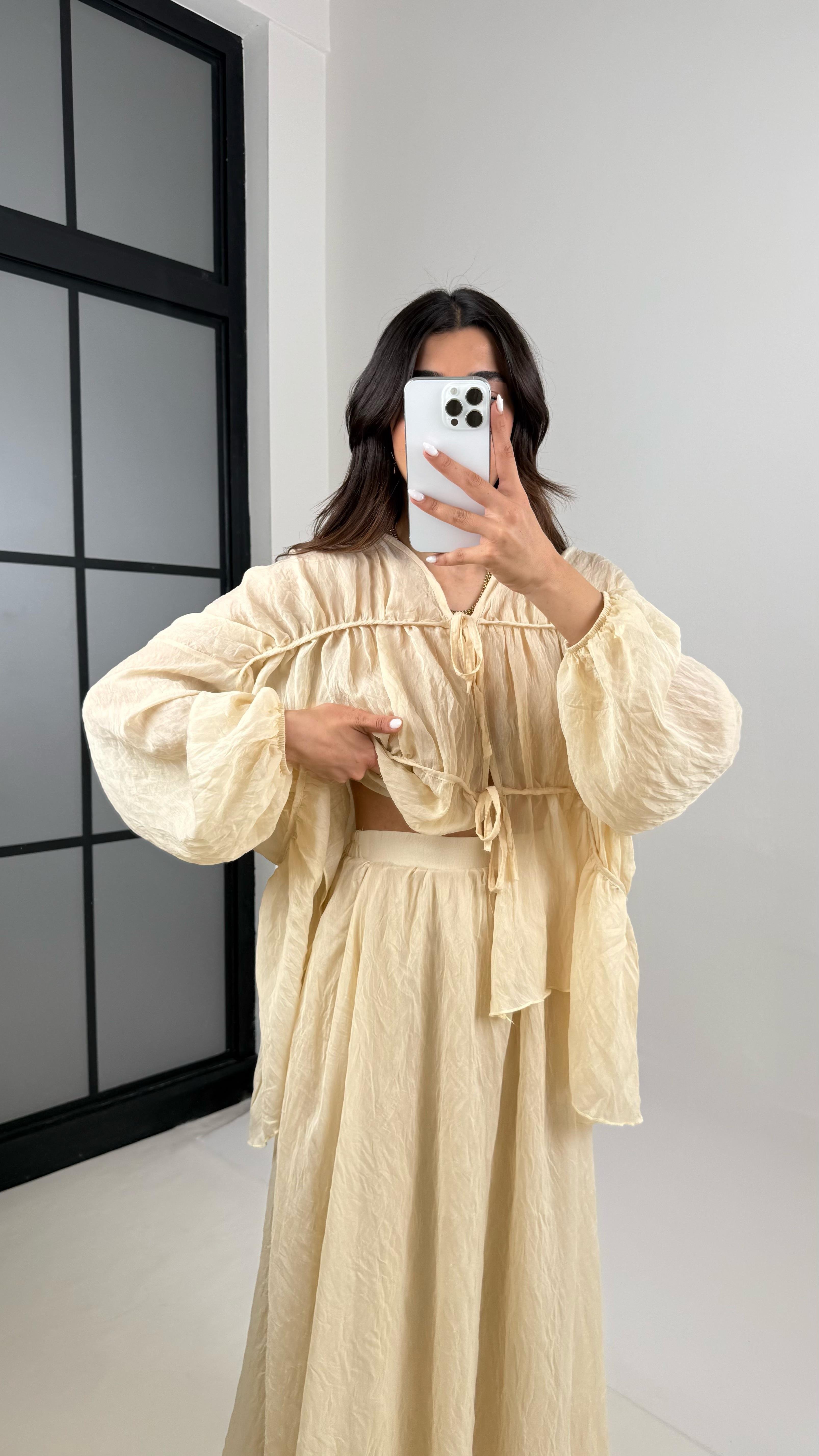 Taş Gipeli Önden Bağlamalı Üst Astarlı Etek İkili Kırışık Kumaş Takım Gaus00426GausTAKIMGU1001995