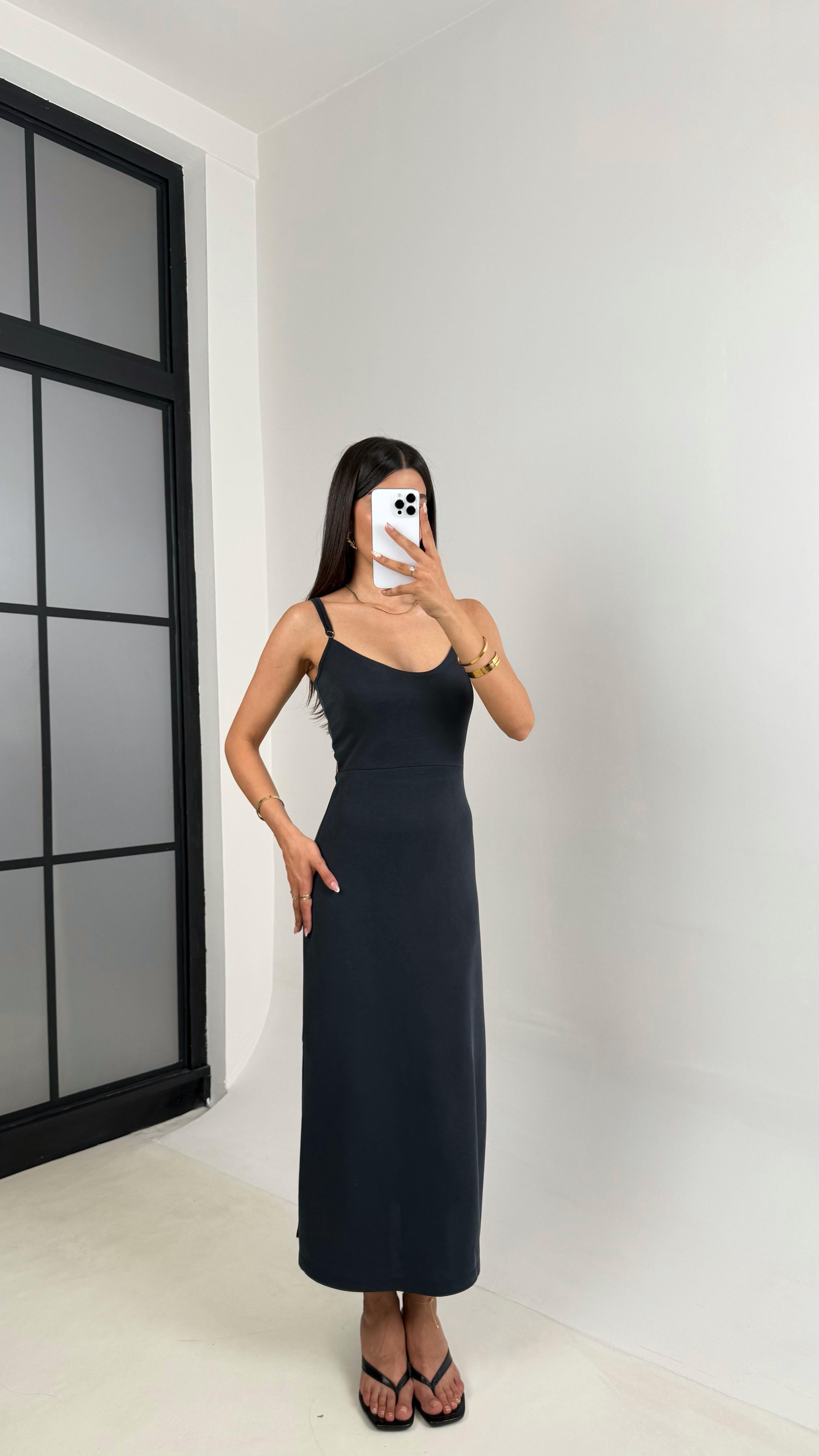 Antrasit Ayarlanabilir Askılı Sırt Dekolteli Pike Modal Kumaş Elbise Gaus00644GausELBİSEGU1002496