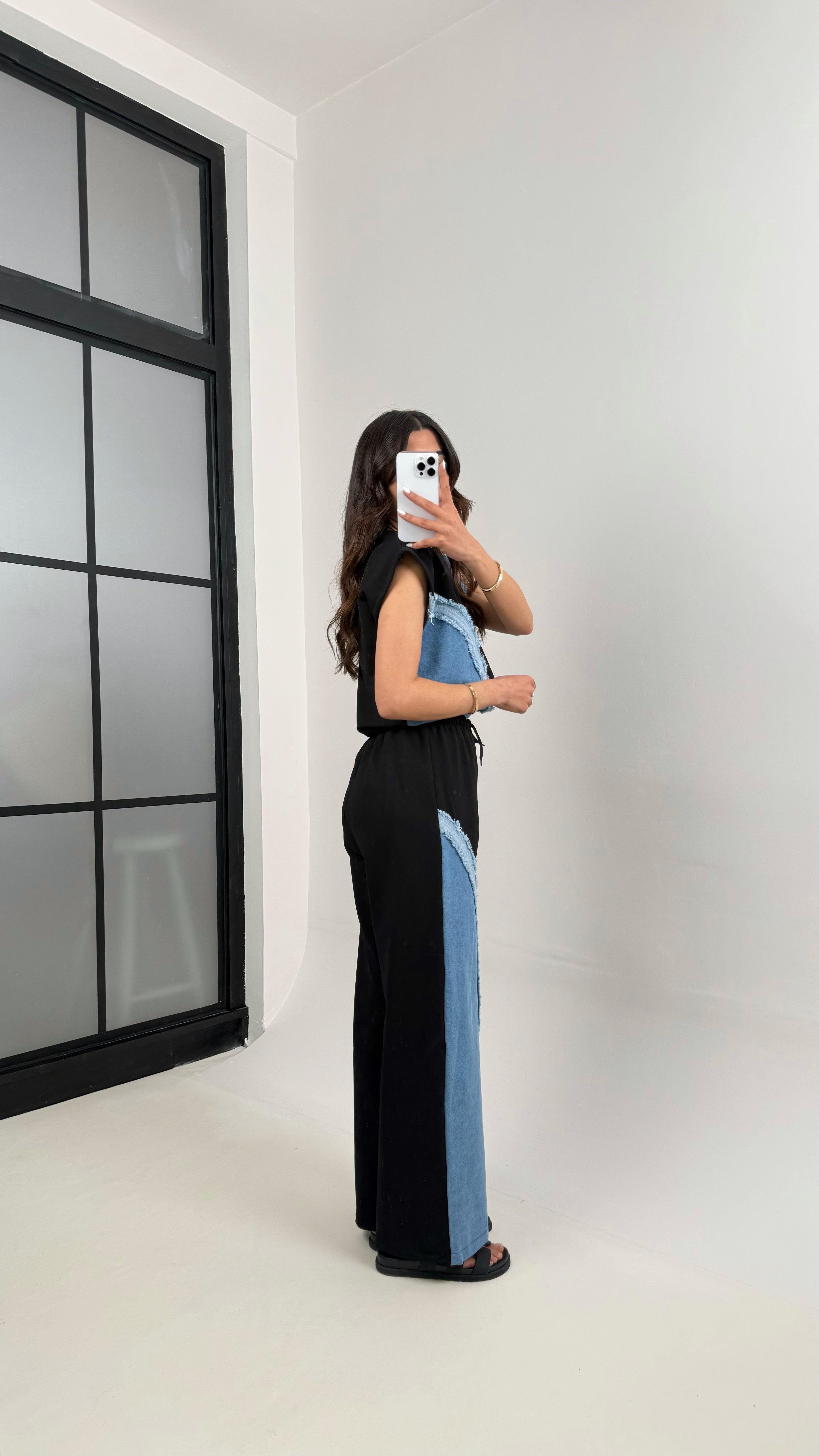 Siyah Dalga Desen Püskül Detaylı Denim Tasarım Takım Gaus00342GausTAKIMGU1001796