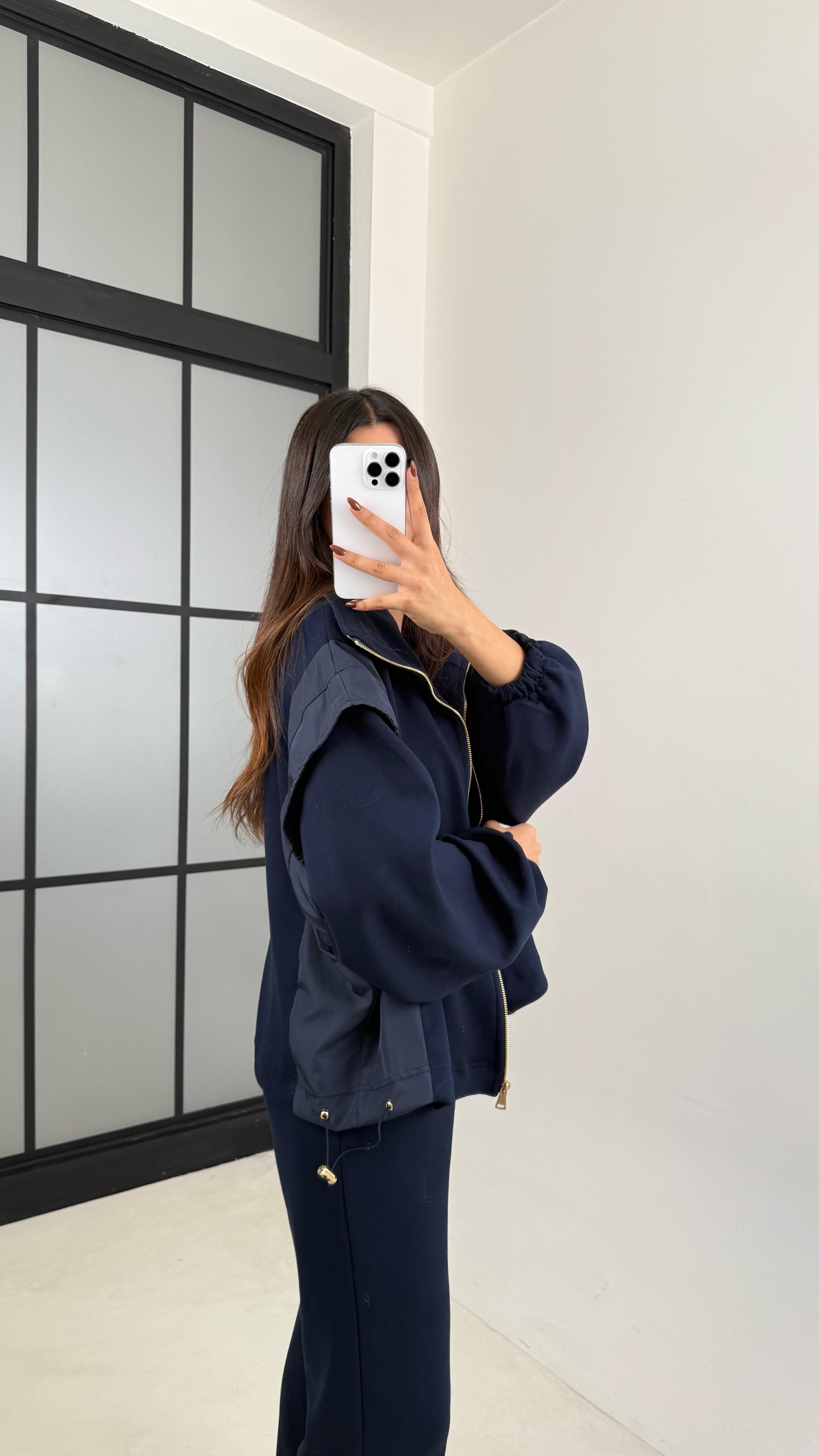 Lacivert Paraşüt Kumaş Detaylı Hırka Pantolon İkili Modal Kumaş Takım GAUS-00209GAUSTAKIMGAUS-00209