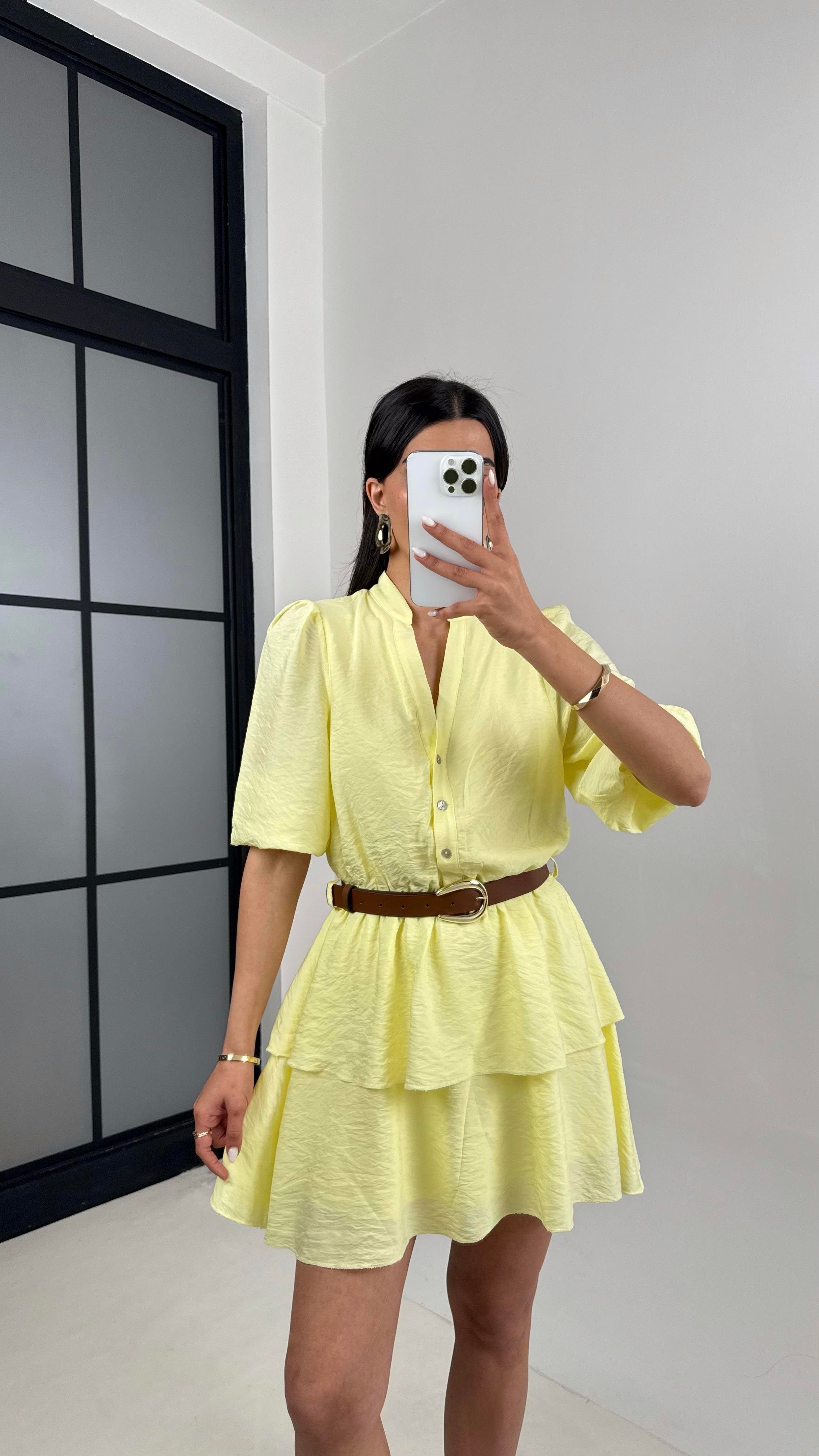 Sarı V Yaka Astarlı Kemerli Önü Düğmeli Tencel Elbise Gaus00450GausELBİSEGU1002048