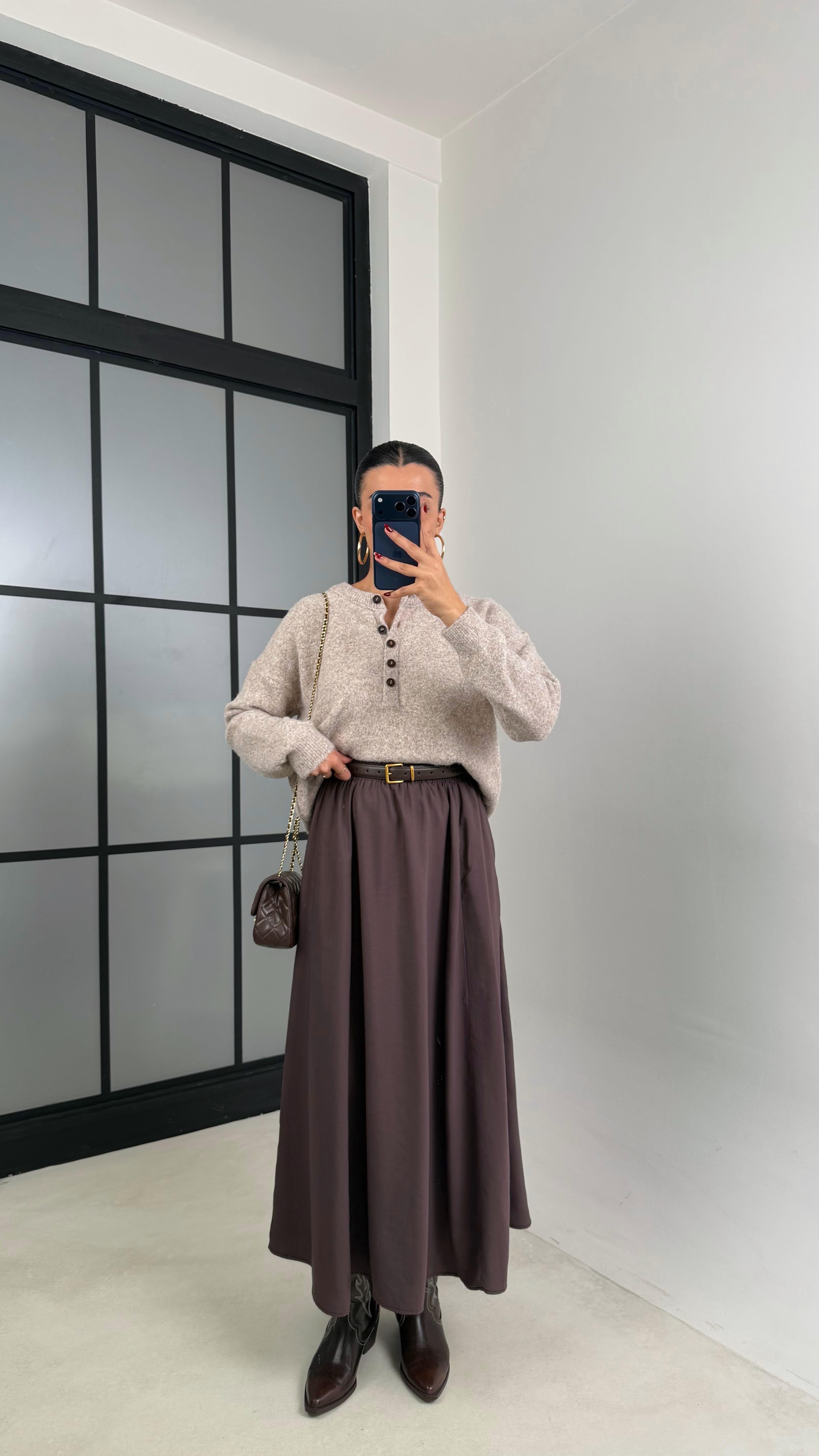 Acı Kahve Beli Lastikli Cepli Tencel Etek GAUS-00670GAUSETEKGAUS-00670