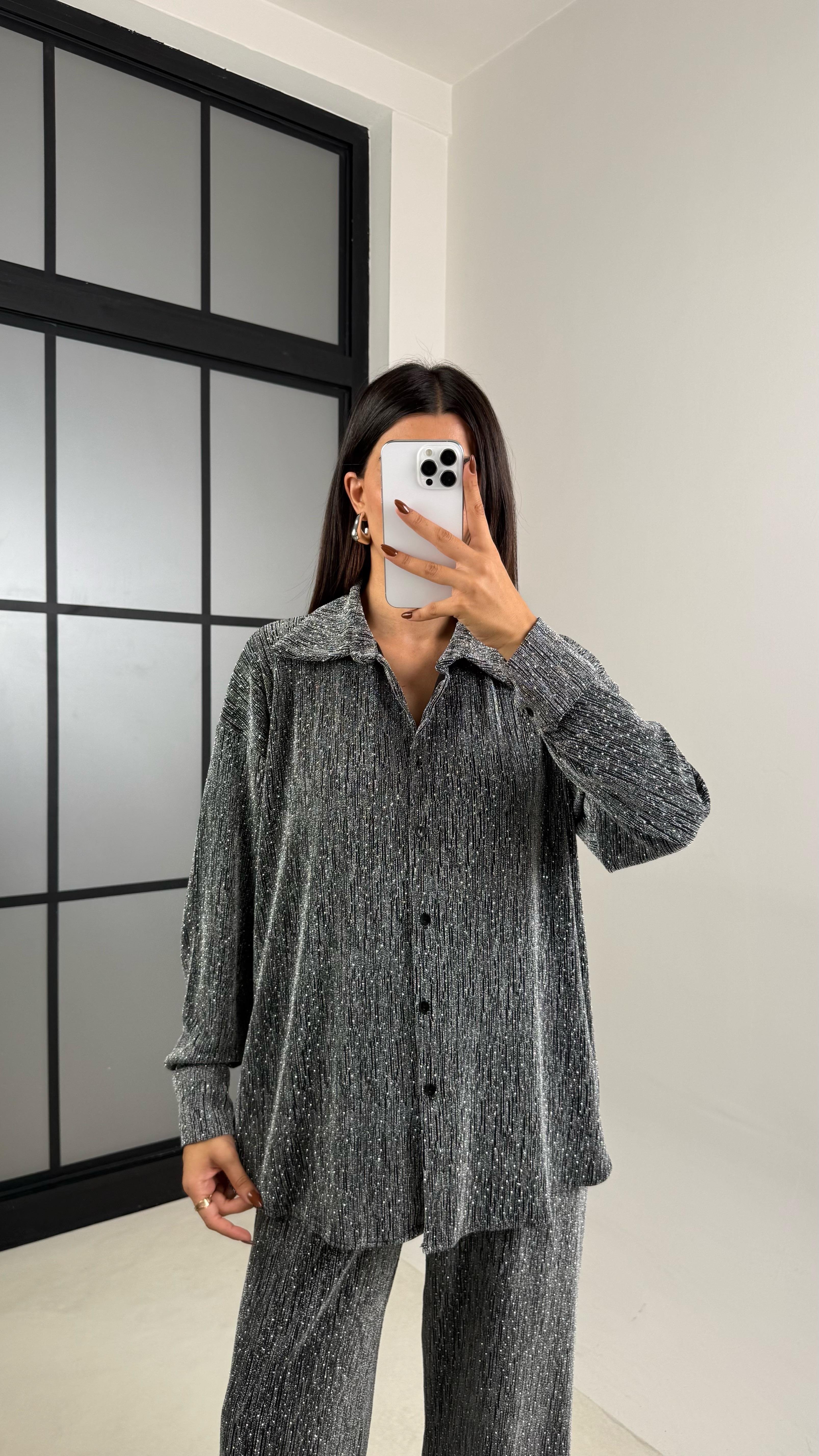 Gri Taş Detaylı Kuşaklı Gömlek Beli Lastikli Pantolon Tasarım Takım GAUS-00165GAUSTAKIMGAUS-00165