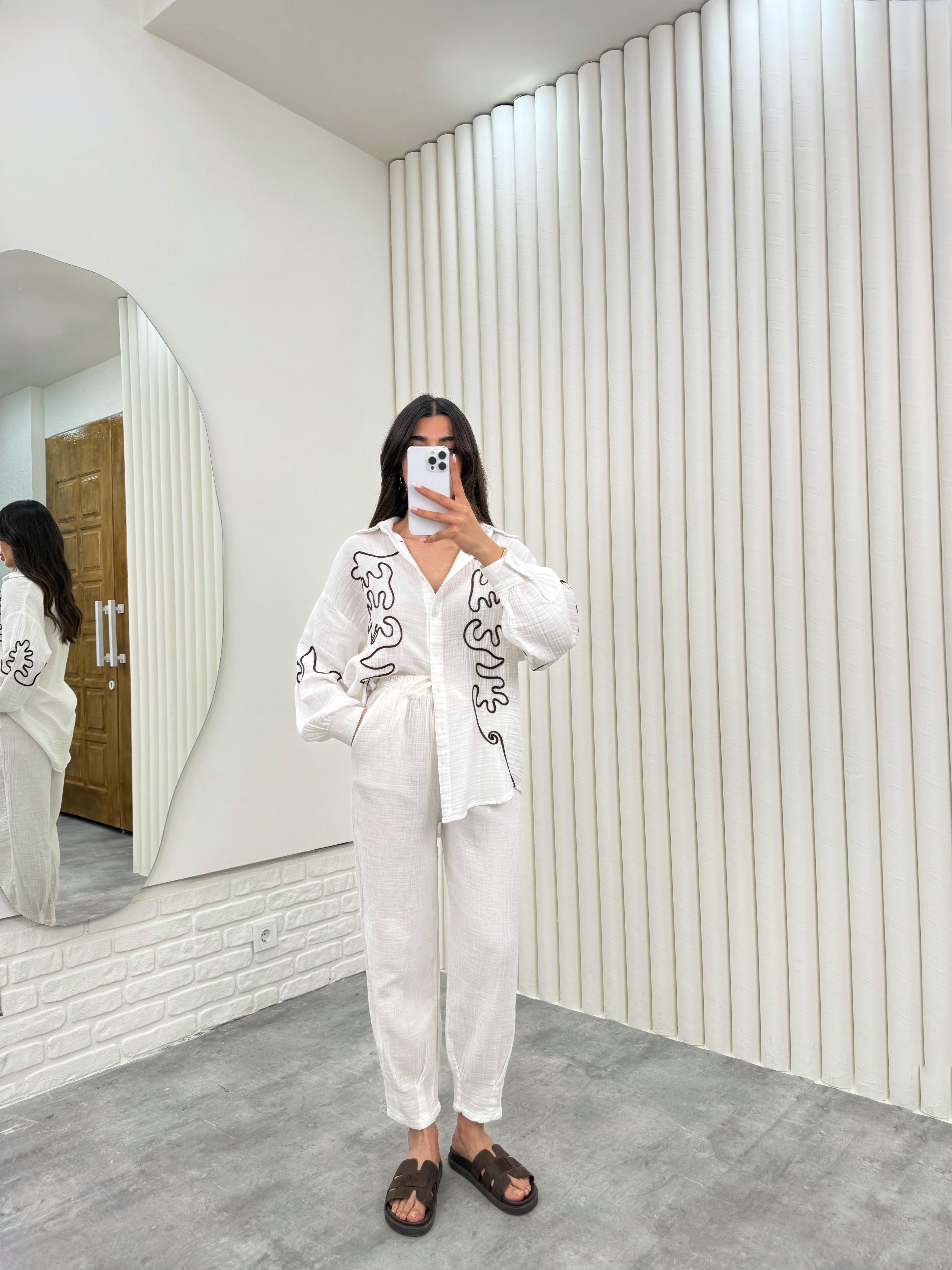 Beyaz Kahve İşlemeli Gömlek Beli Lastikli Pantolon Müslin İkili Takım Gaus00293GausTAKIMGU1001678