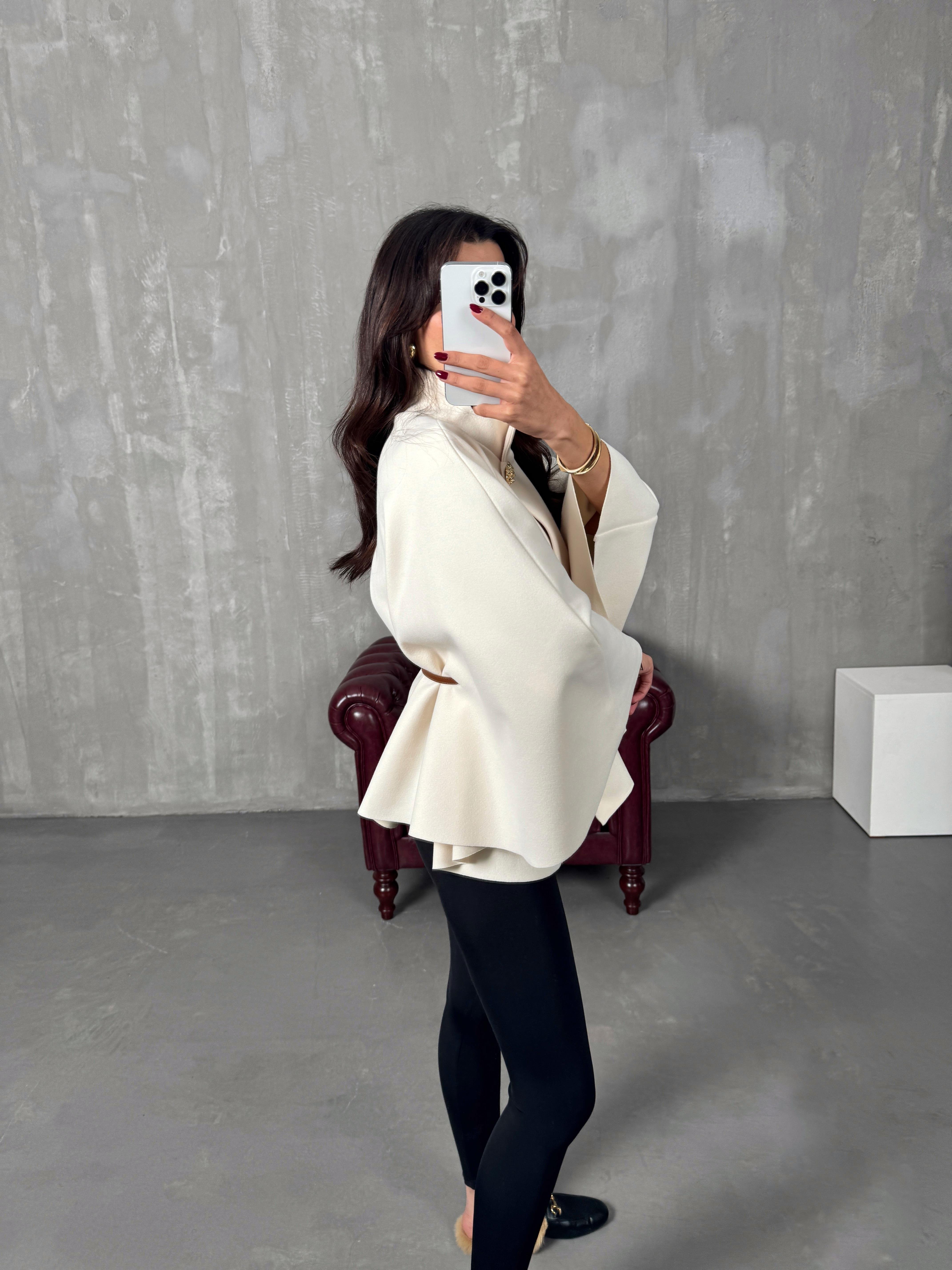 Gina Ekru ZR Model Kemerli Kaşe PançoGausPANCOGU00903887