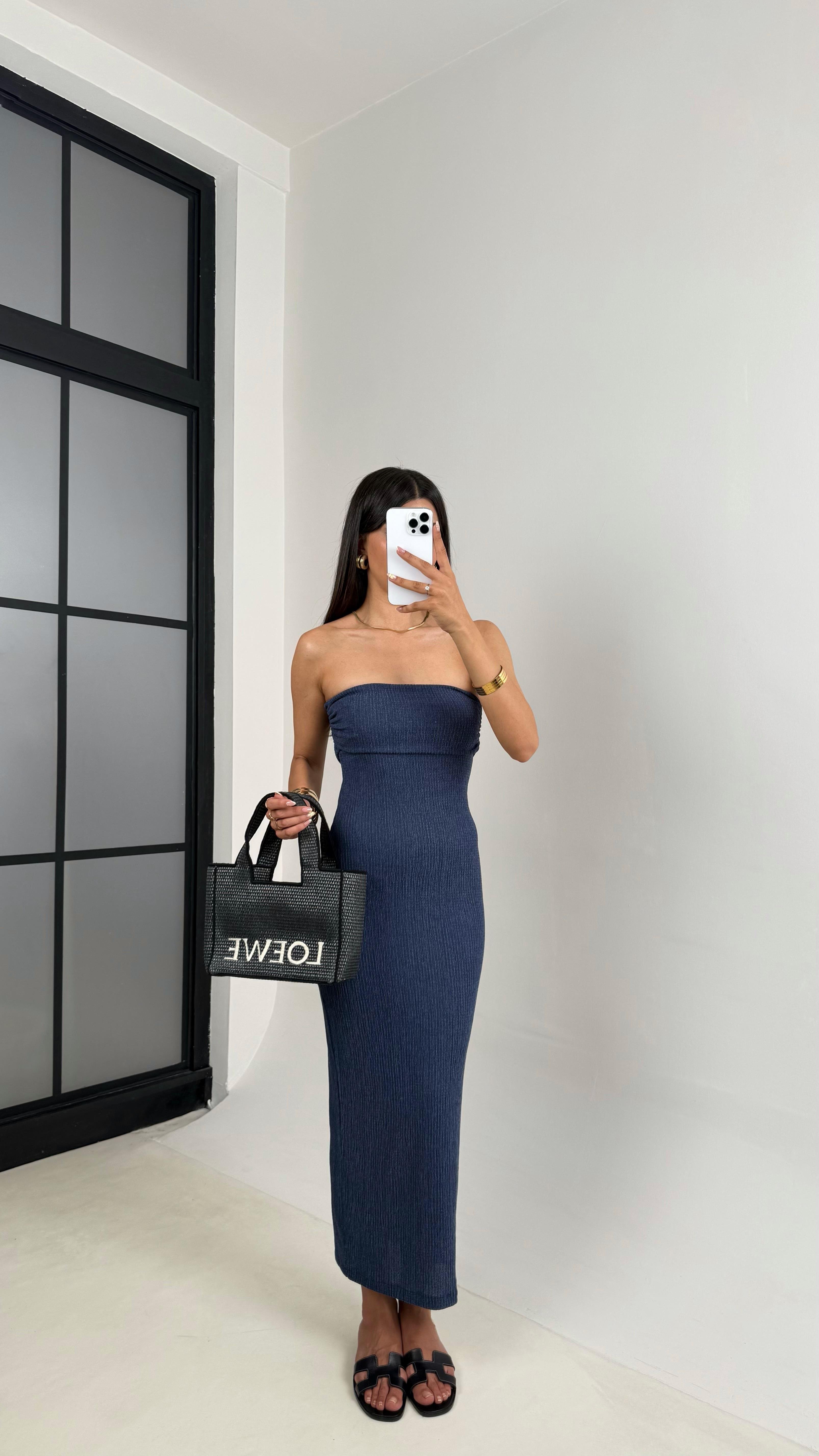 Mavi Straplez Yırtmaçlı Bürümcük Elbise Gaus00645GausELBİSEGU1002498