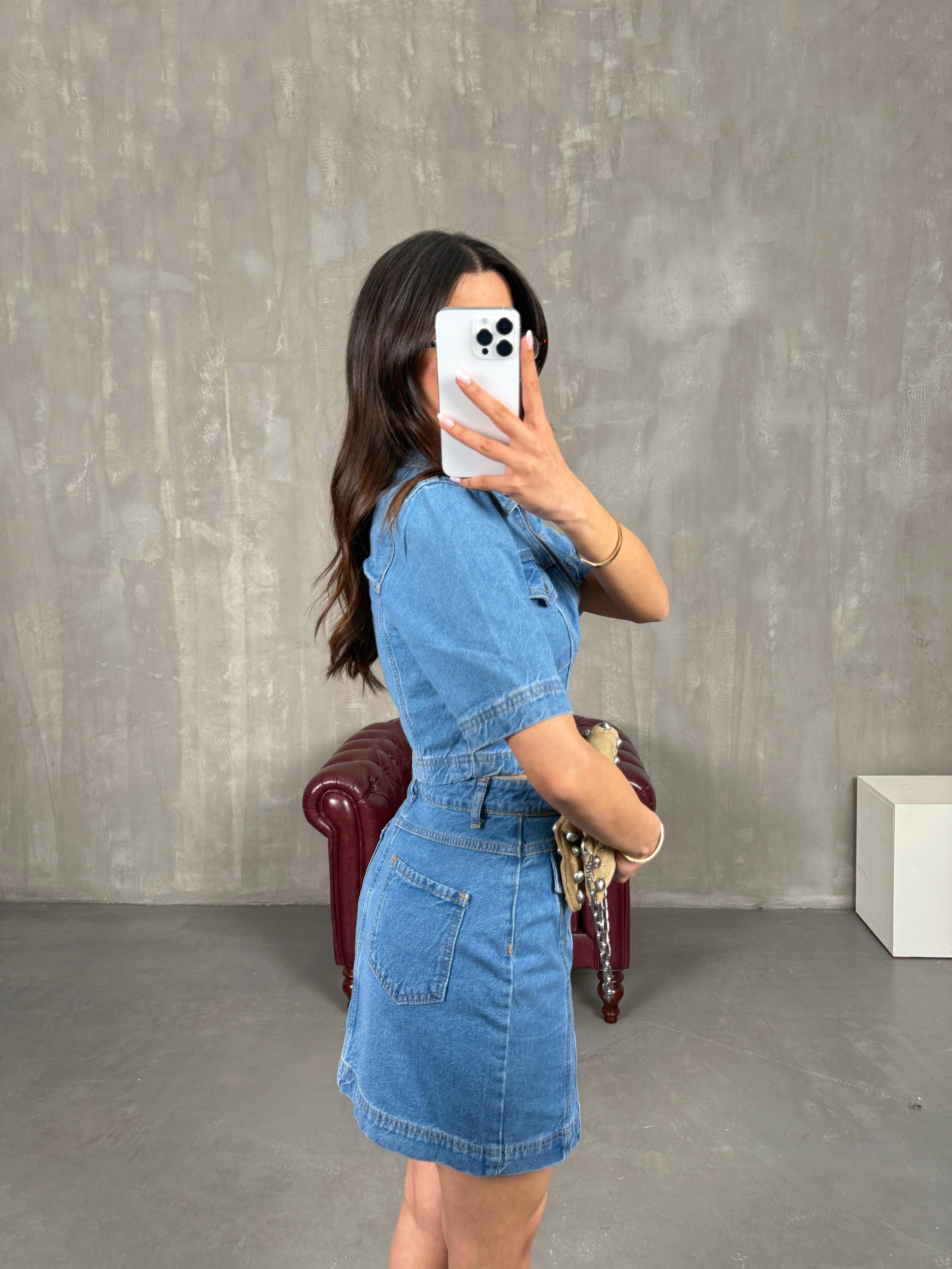 Mavi Cepli Önü Fermuarlı Denim Etekli Takım Gaus00259GausTAKIMGU1001600