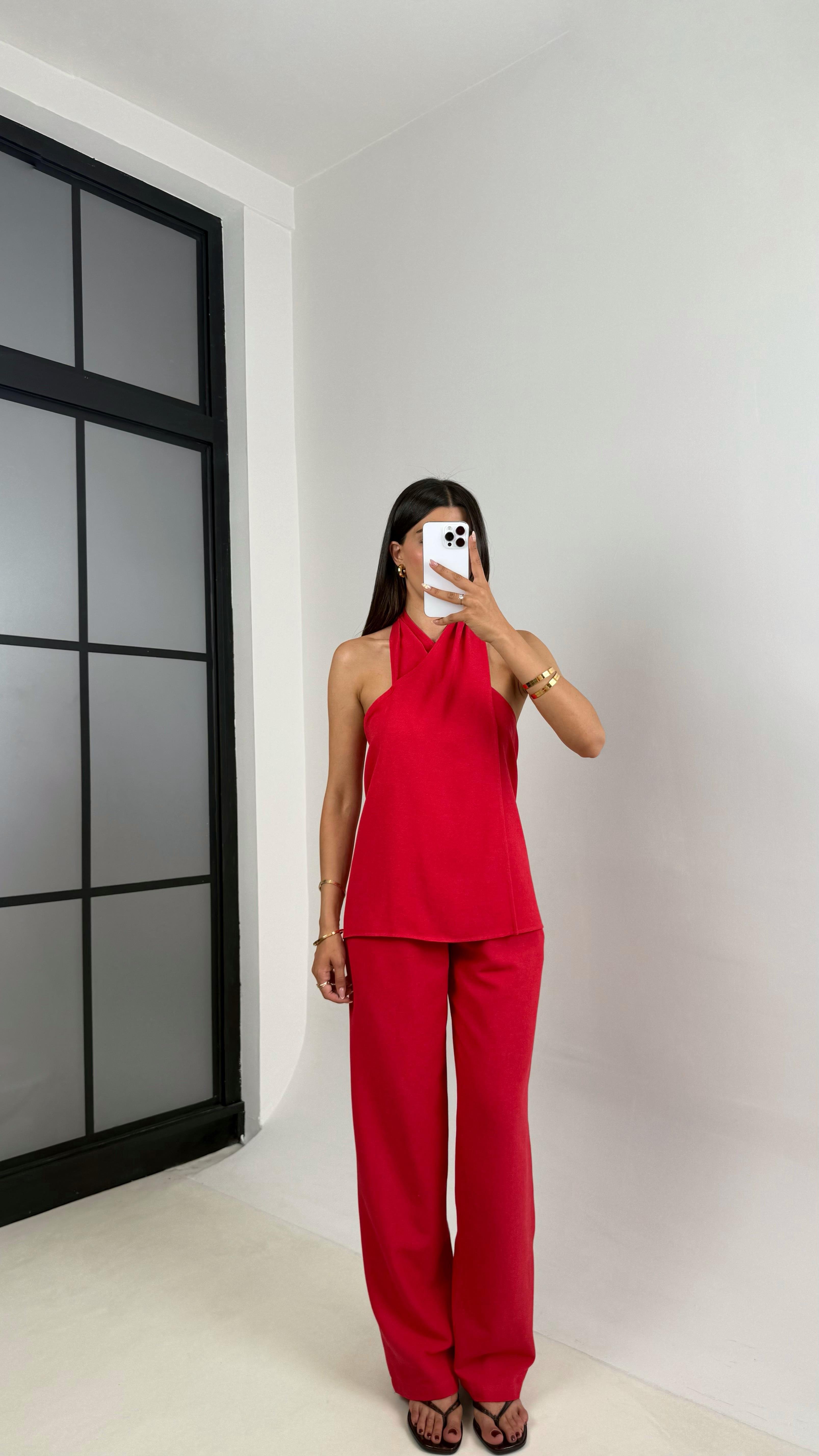 Kırmızı Boyundan Bağlamalı Bluz Cepli Pantolon Tasarım Keten Takım Gaus00667GausTAKIMGU1002541