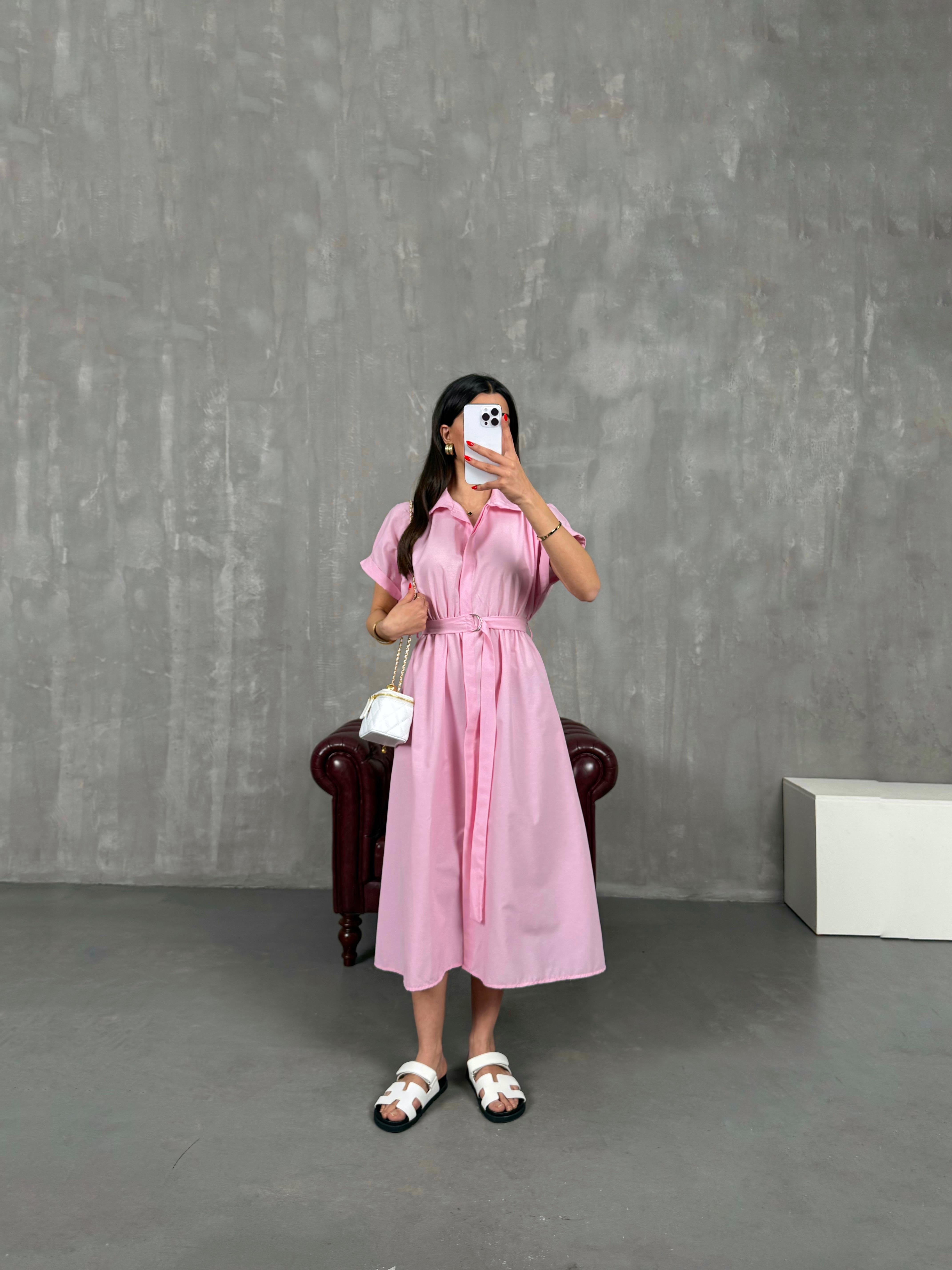 Pembe Ön Düğmeli Kuşaklı Beli Lastikli Gömlek Yaka Elbise Gaus00178GausDressesGU1001412